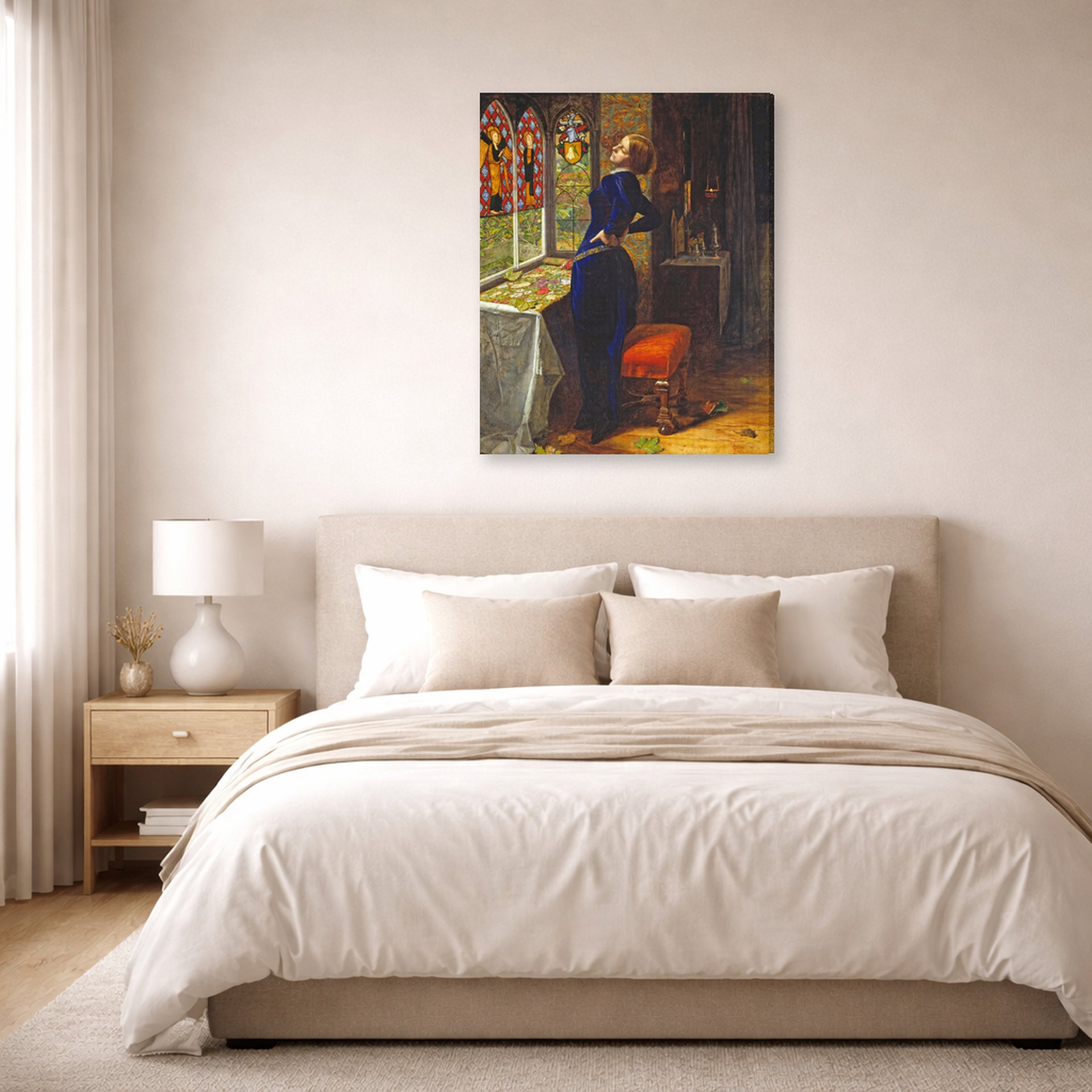 Gallery-wrapped canvas print of John Everett Millais's Mariana displayed on a wall in a bedroom