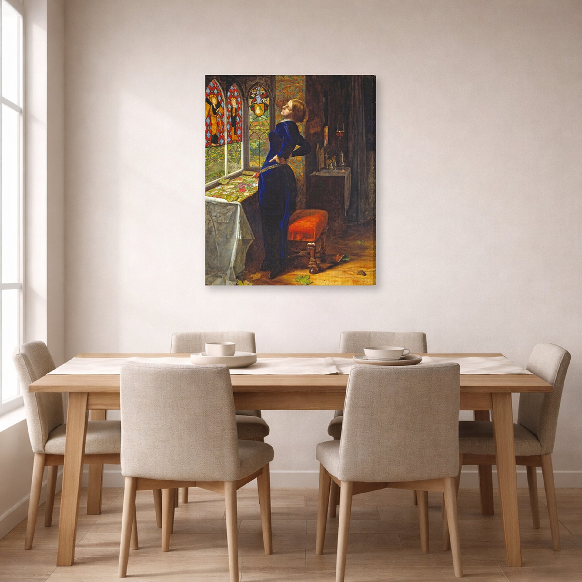Gallery-wrapped canvas print of John Everett Millais's Mariana displayed on a wall in a dining