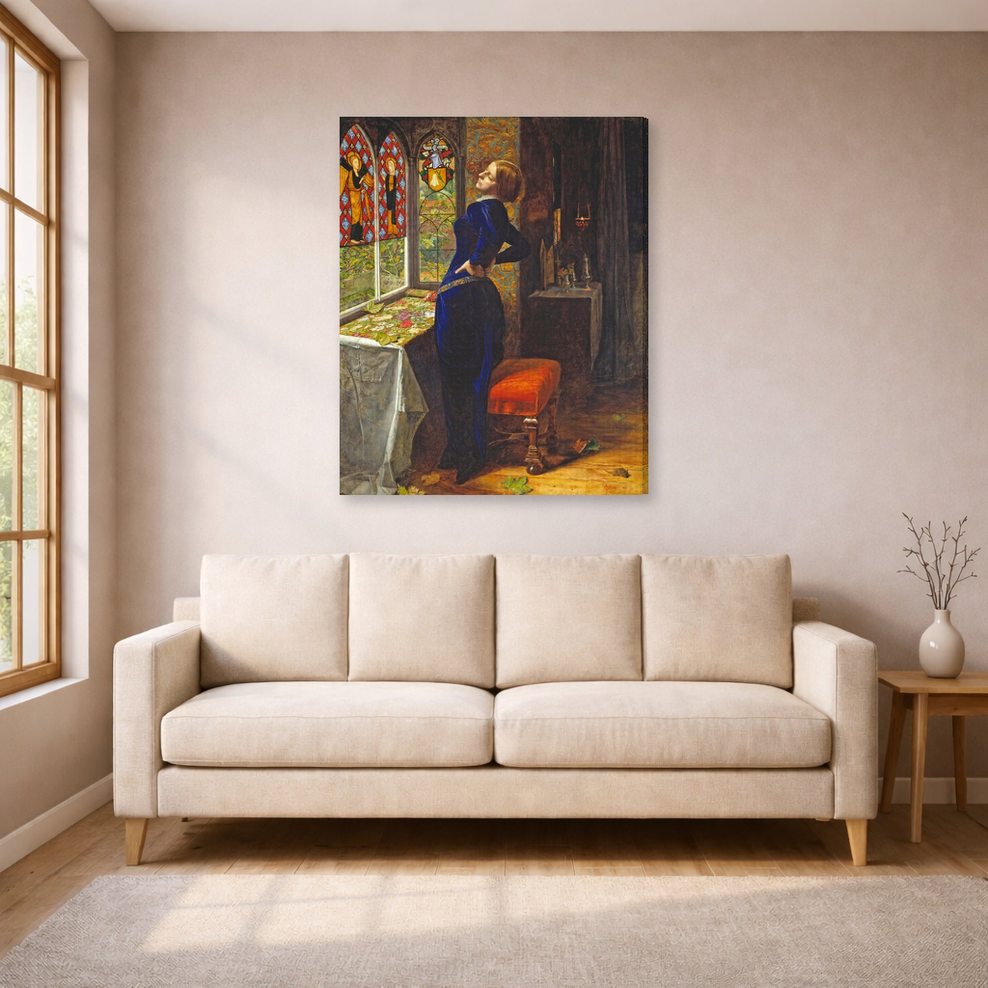 Gallery-wrapped canvas print of John Everett Millais's Mariana displayed on a wall in a living room