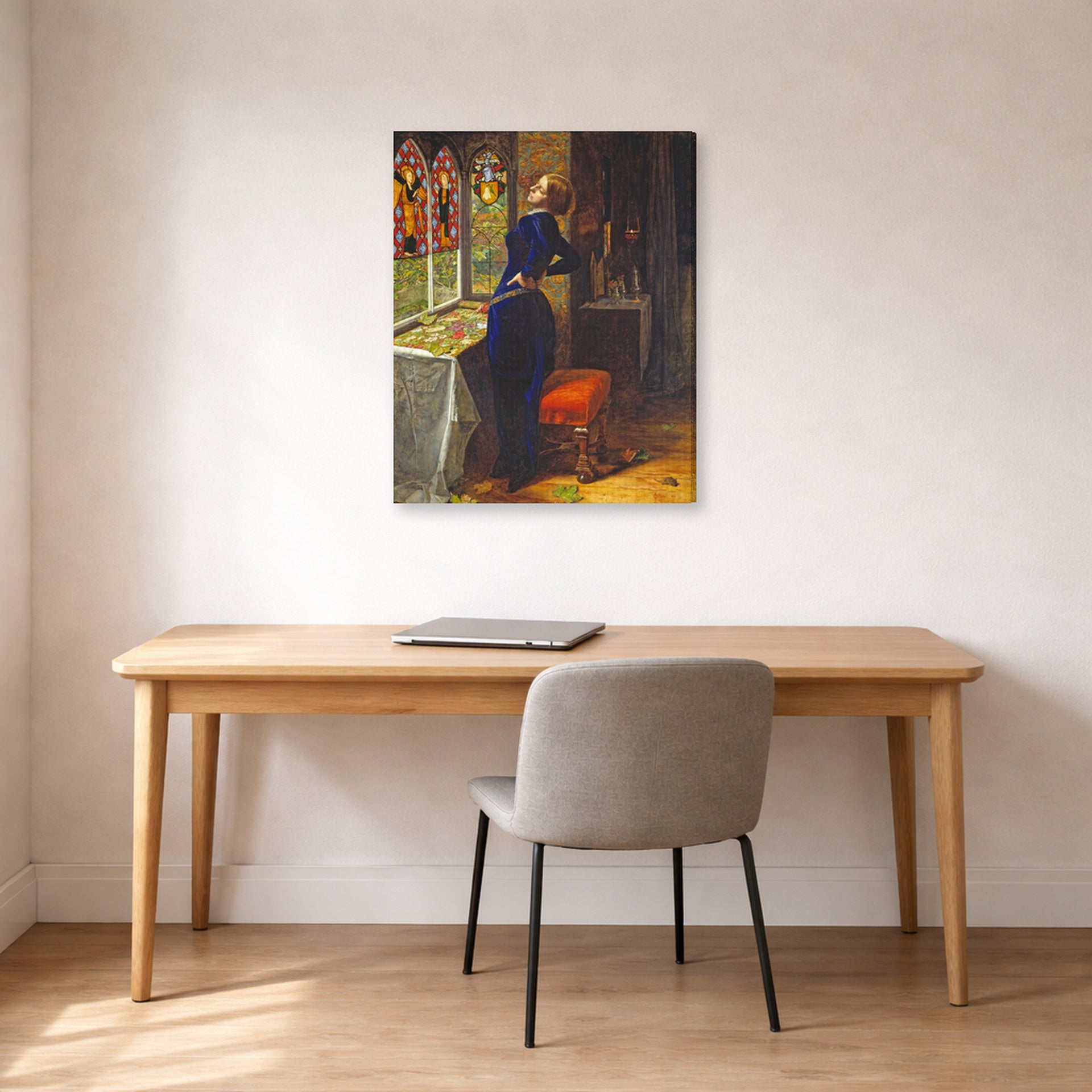 Gallery-wrapped canvas print of John Everett Millais's Mariana displayed on a wall in a office