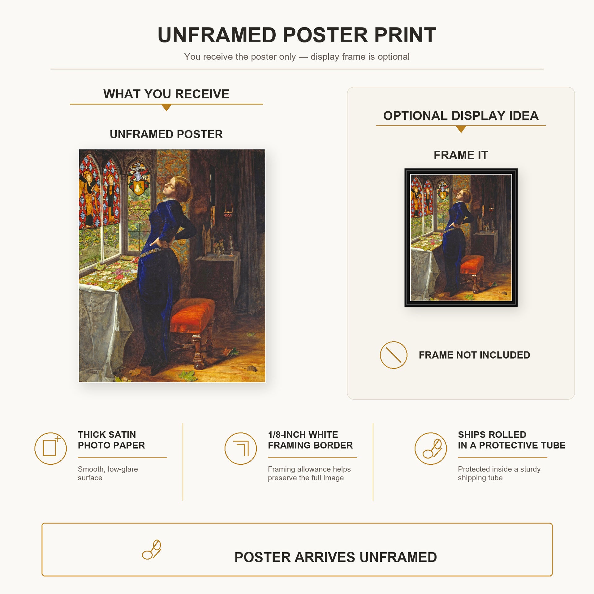 John Everett Millais - Mariana poster print size comparison and framing display infographic