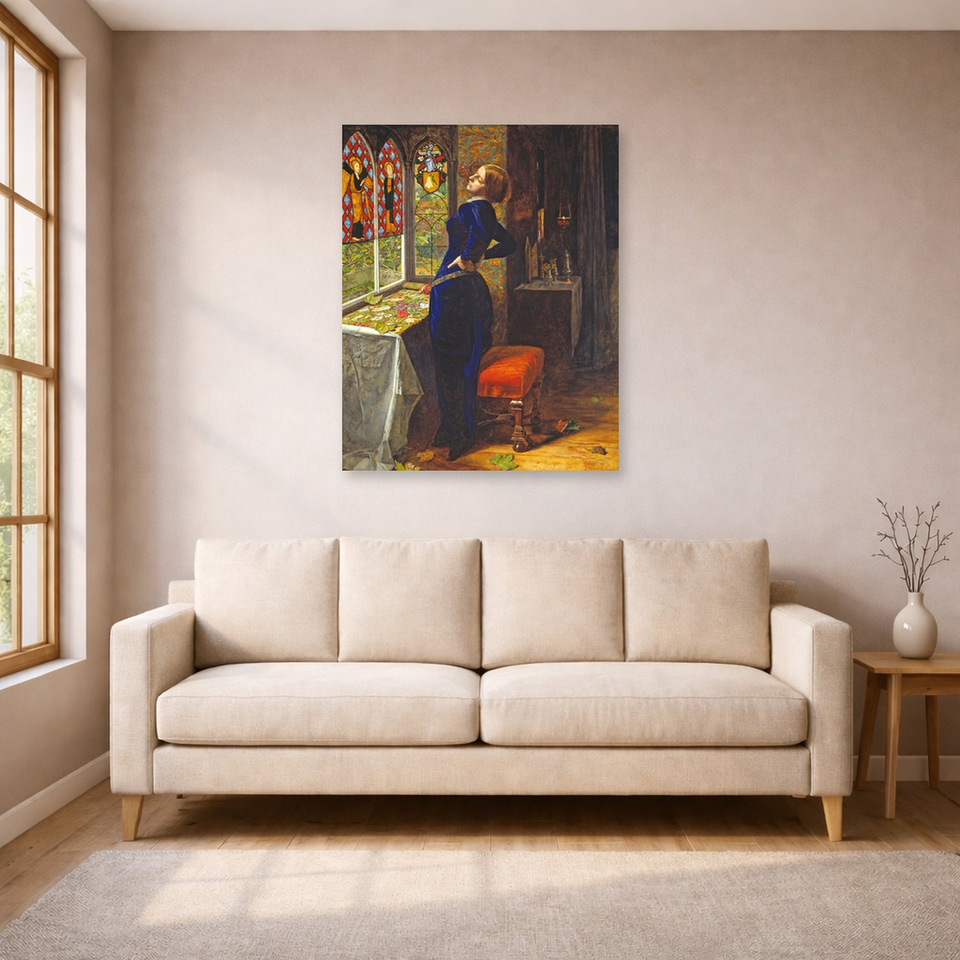 Unframed poster print of John Everett Millais's Mariana displayed on a wall in a living room
