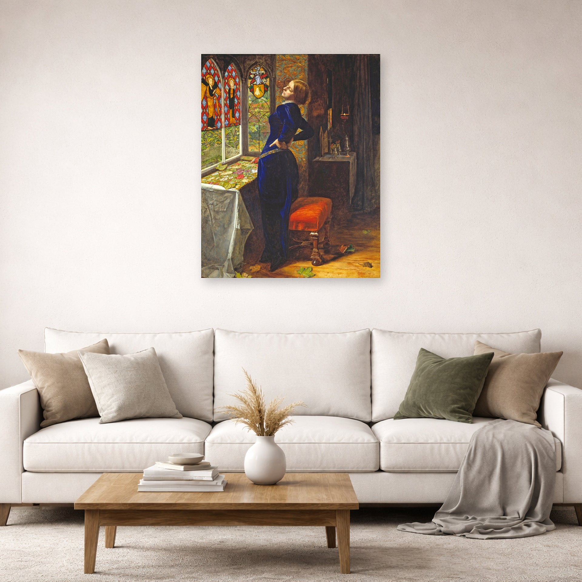 Unframed poster print of John Everett Millais's Mariana displayed on a wall in a living room