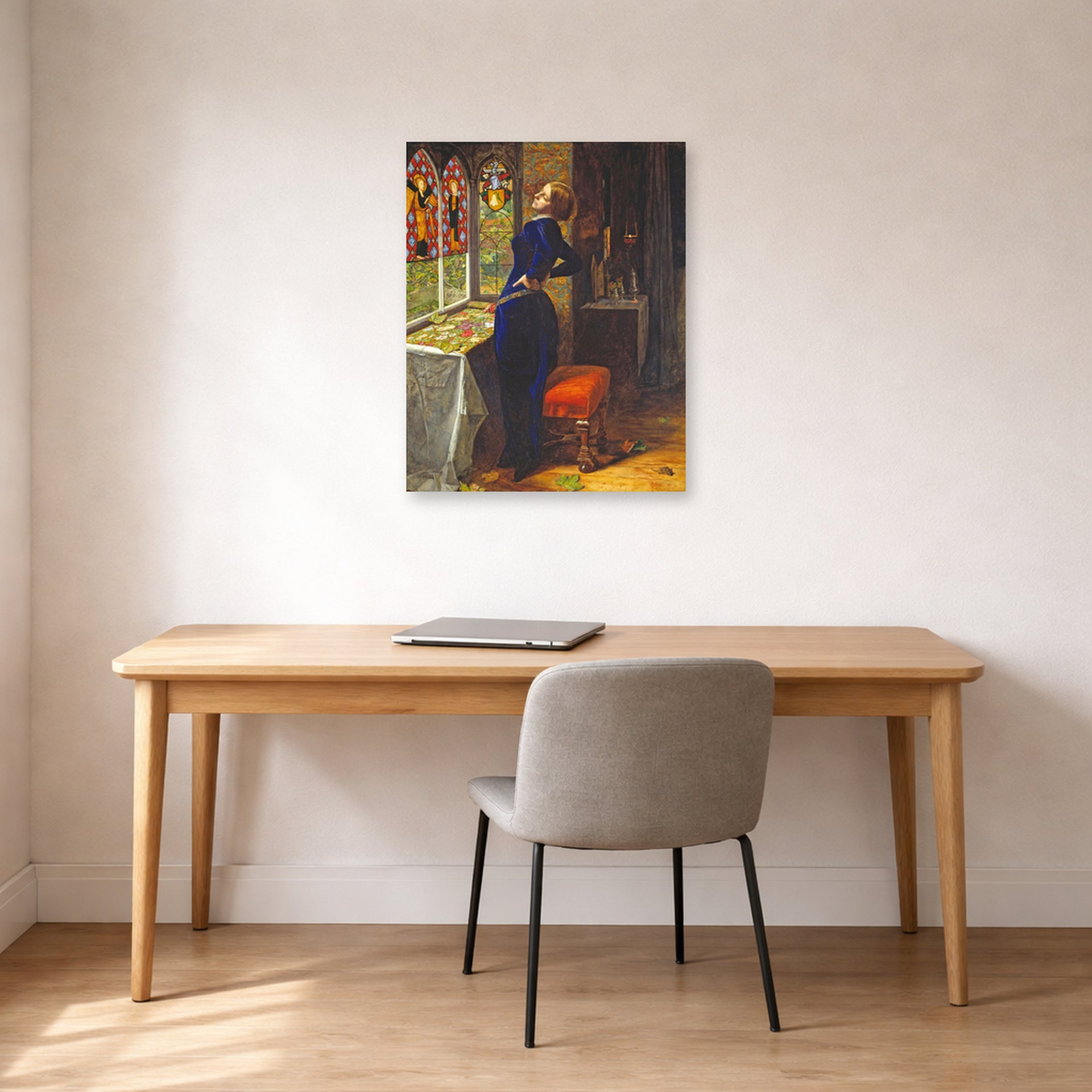 Unframed poster print of John Everett Millais's Mariana displayed on a wall in a office