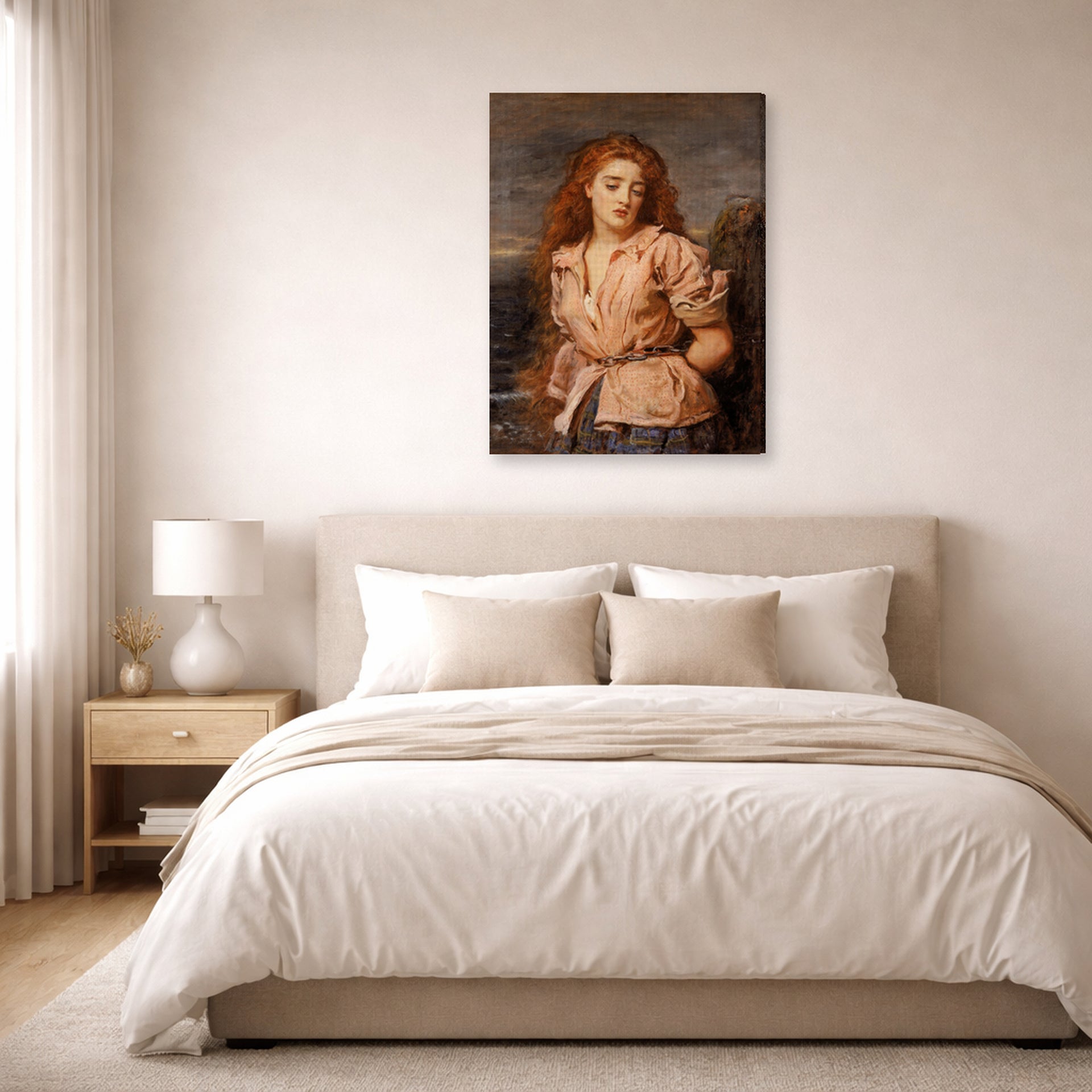 Gallery-wrapped canvas print of John Everett Millais's The Martyr of the Solway displayed on a wall in a bedroom