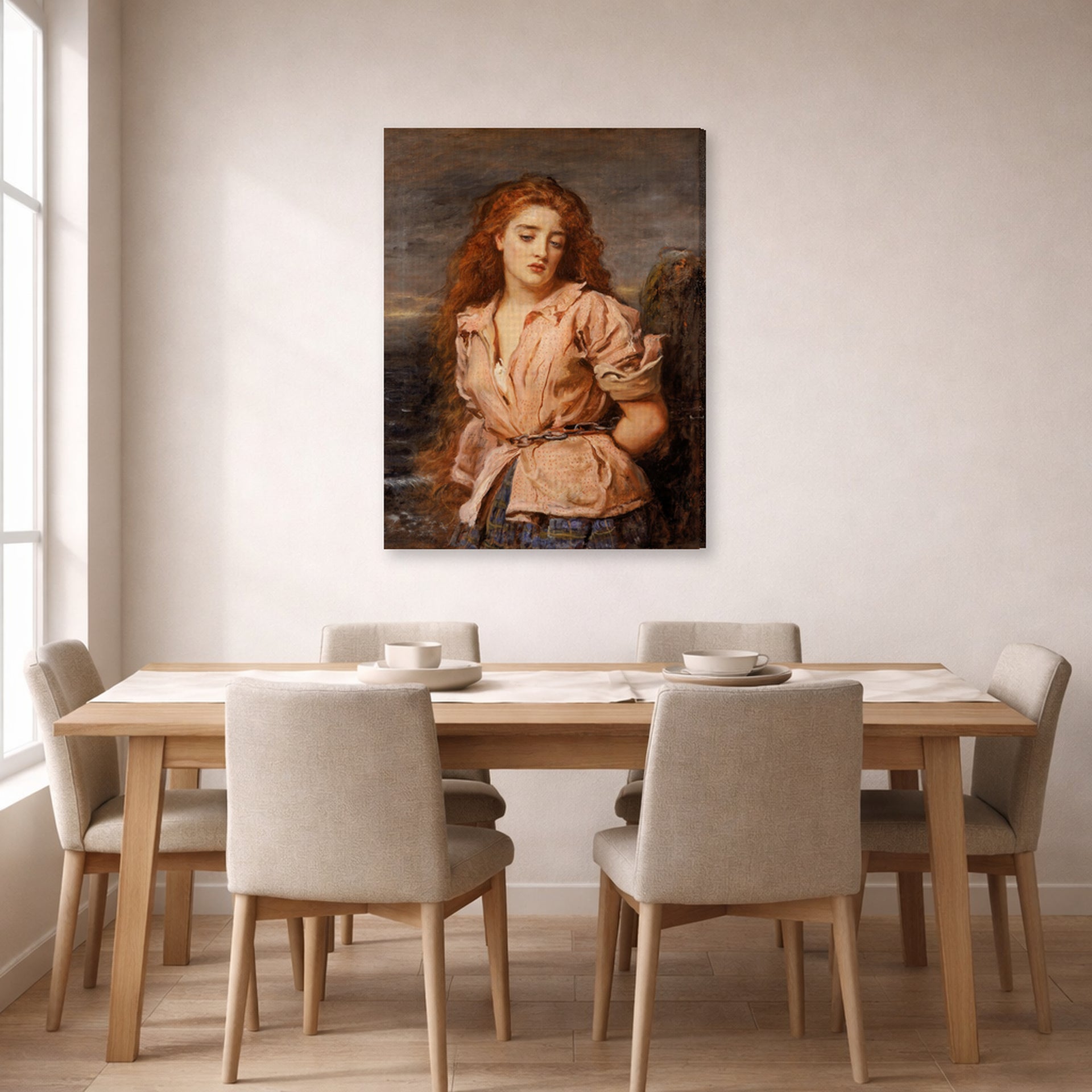 Gallery-wrapped canvas print of John Everett Millais's The Martyr of the Solway displayed on a wall in a dining