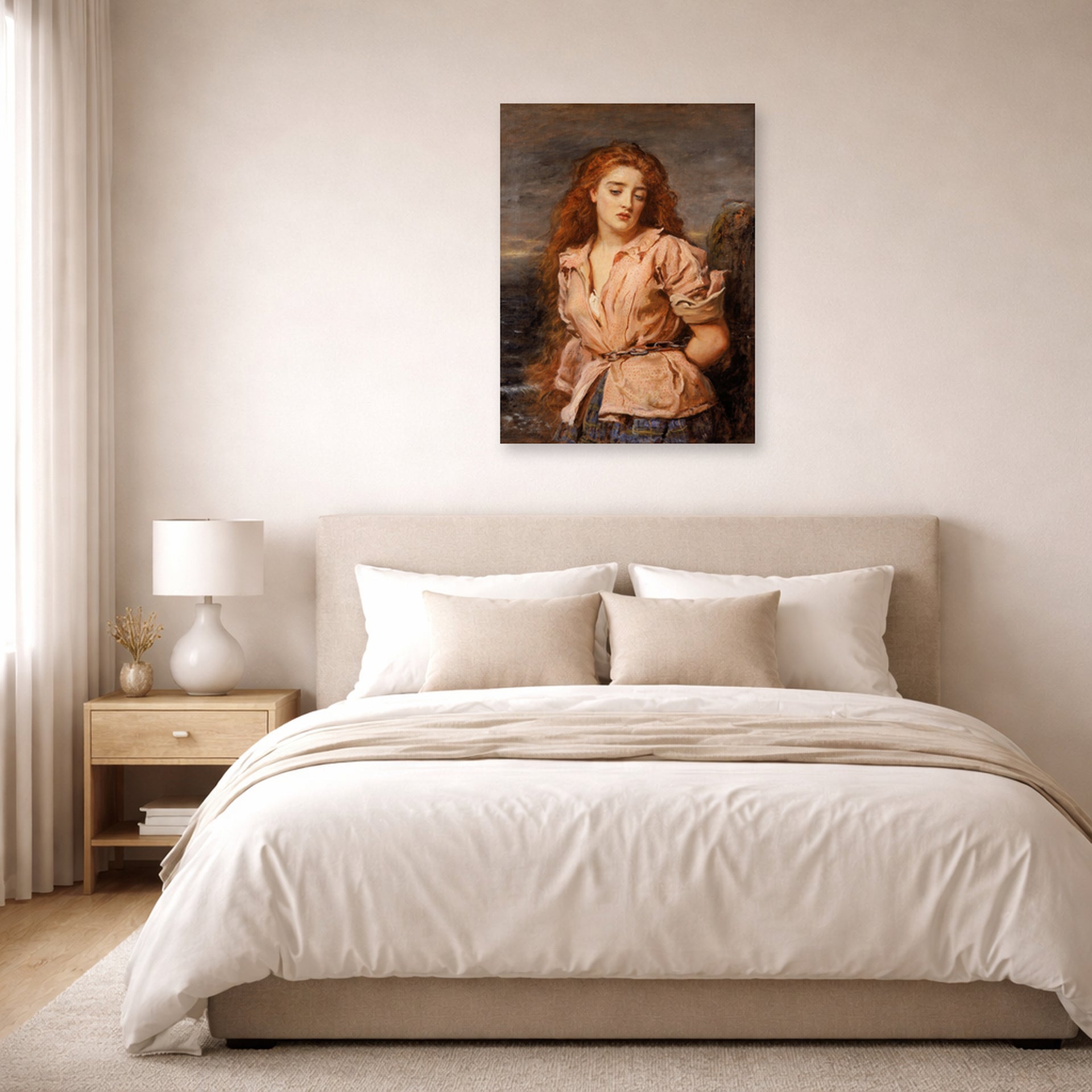 Unframed poster print of John Everett Millais's The Martyr of the Solway displayed on a wall in a bedroom