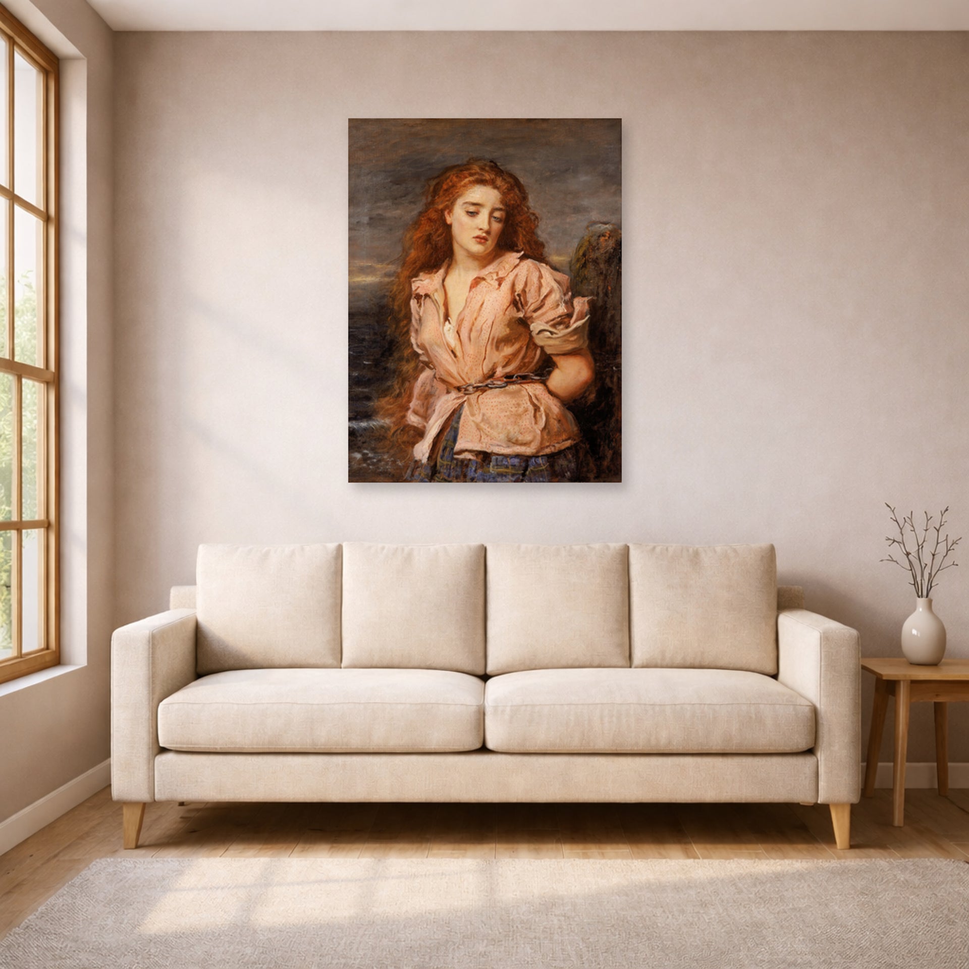 Unframed poster print of John Everett Millais's The Martyr of the Solway displayed on a wall in a living room
