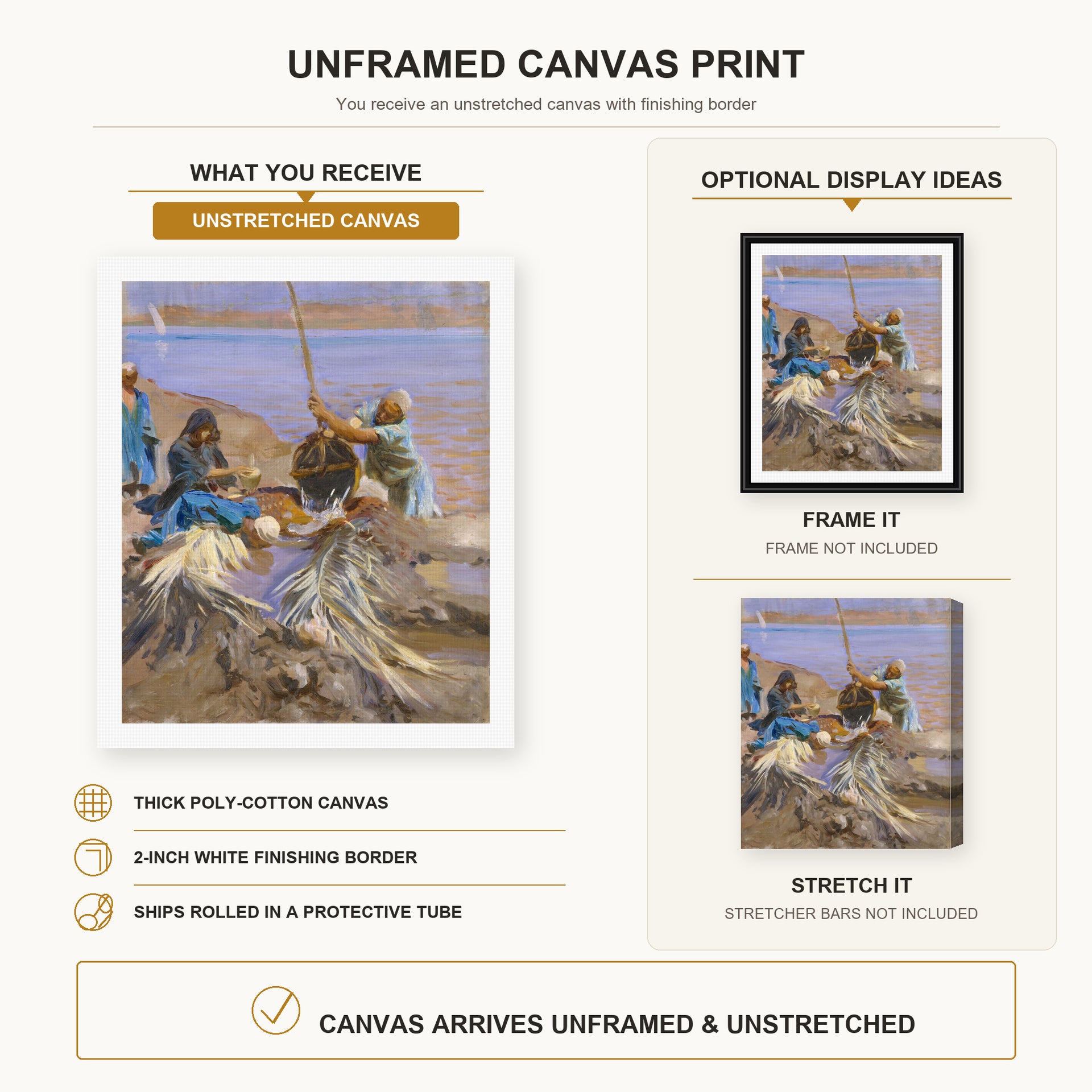 John Singer Sargent - Egyptians Raising Water from the Nile canvas print size comparison and framing display infographic