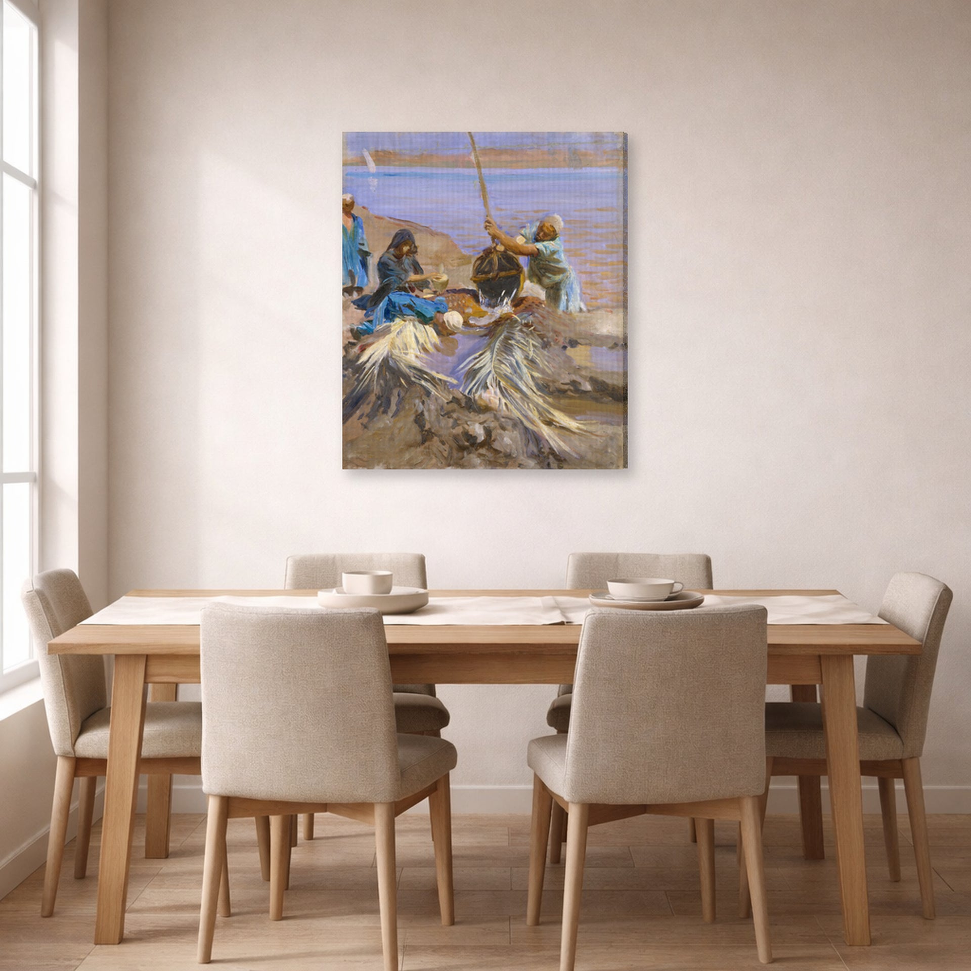 Gallery-wrapped canvas print of John Singer Sargent's Egyptians Raising Water from the Nile displayed on a wall in a dining room