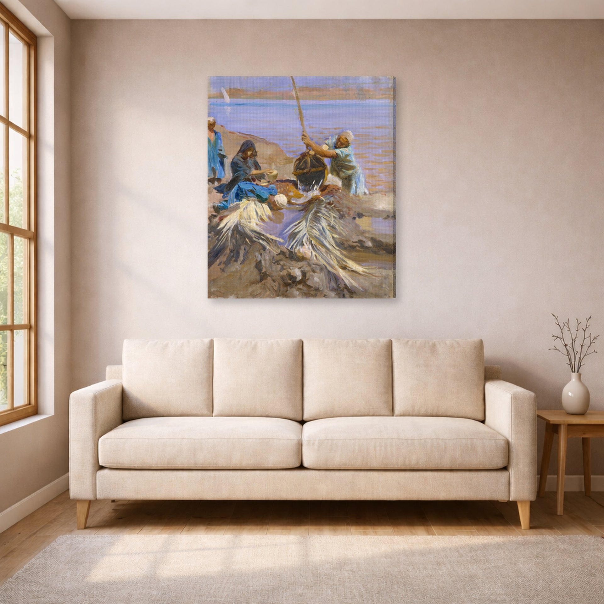 Gallery-wrapped canvas print of John Singer Sargent's Egyptians Raising Water from the Nile displayed on a wall in a living room