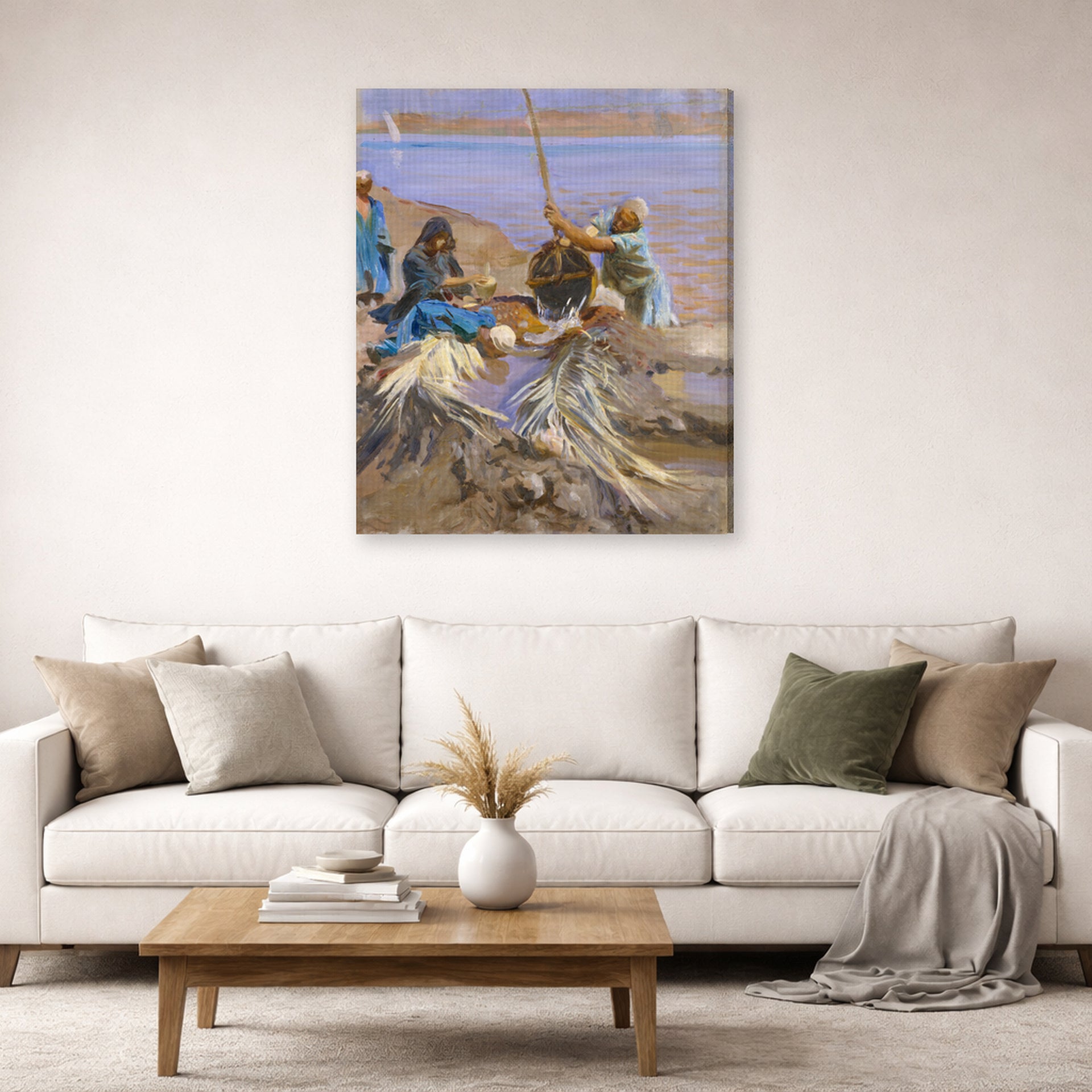 Gallery-wrapped canvas print of John Singer Sargent's Egyptians Raising Water from the Nile displayed on a wall in a living room