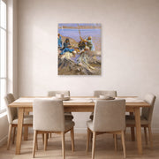 Unframed poster print of John Singer Sargent's Egyptians Raising Water from the Nile displayed on a wall in a dining room