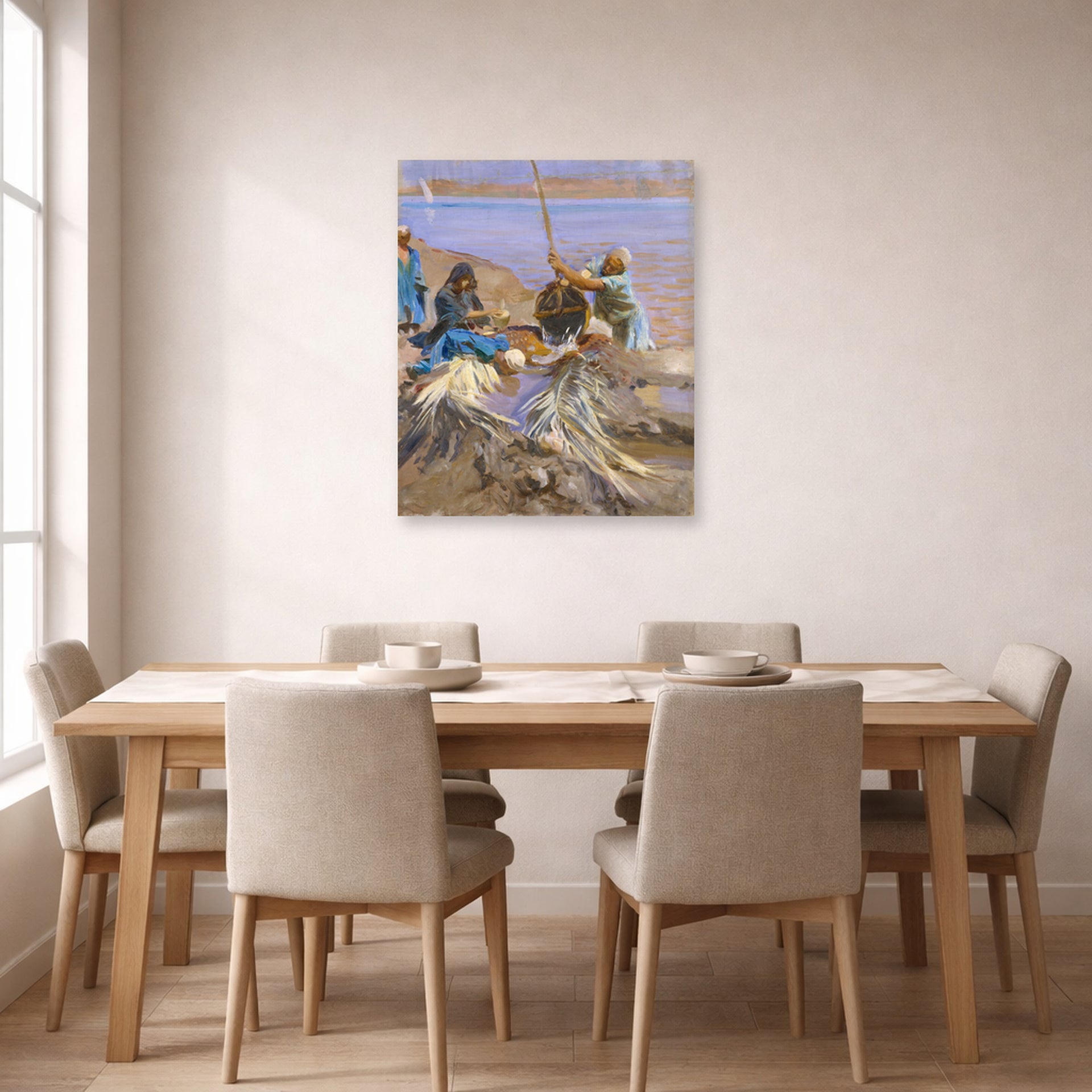 Unframed poster print of John Singer Sargent's Egyptians Raising Water from the Nile displayed on a wall in a dining room