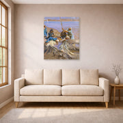 Unframed poster print of John Singer Sargent's Egyptians Raising Water from the Nile displayed on a wall in a living room