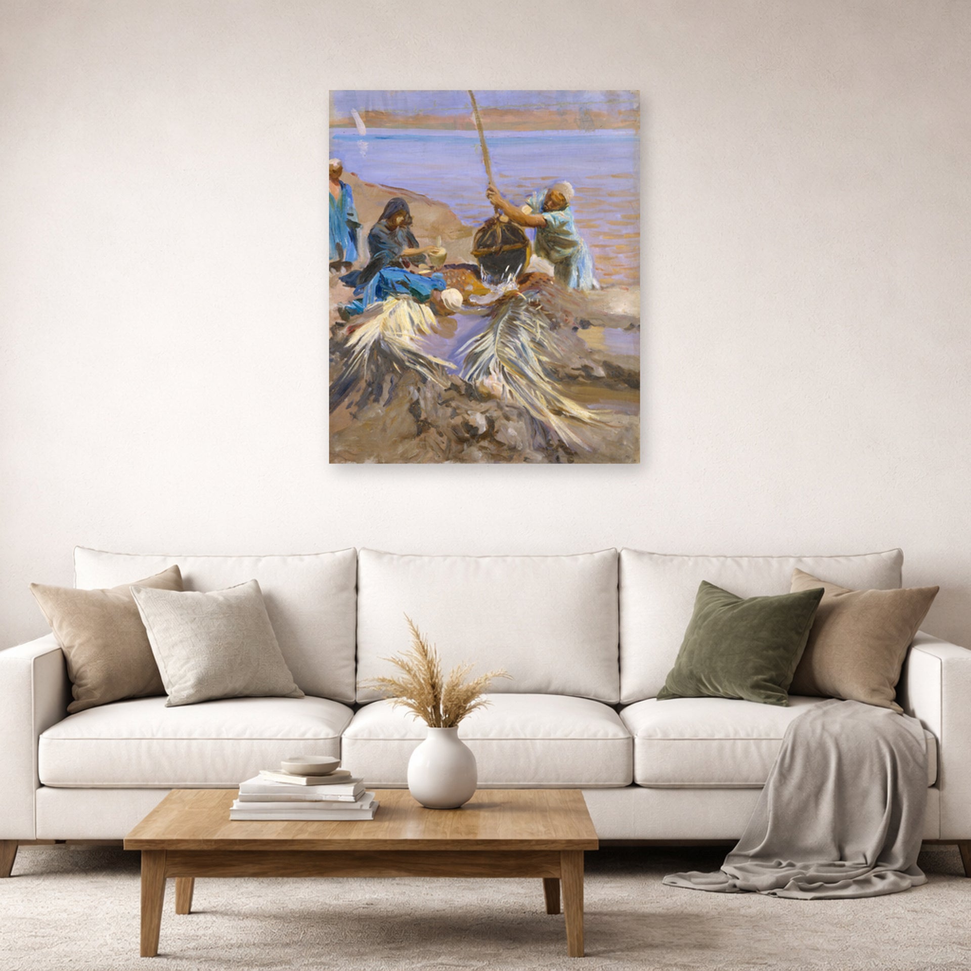 Unframed poster print of John Singer Sargent's Egyptians Raising Water from the Nile displayed on a wall in a living room