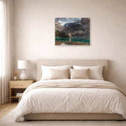 Gallery-wrapped canvas print of John Singer Sargent's Lake O'Hara displayed on a wall in a bedroom
