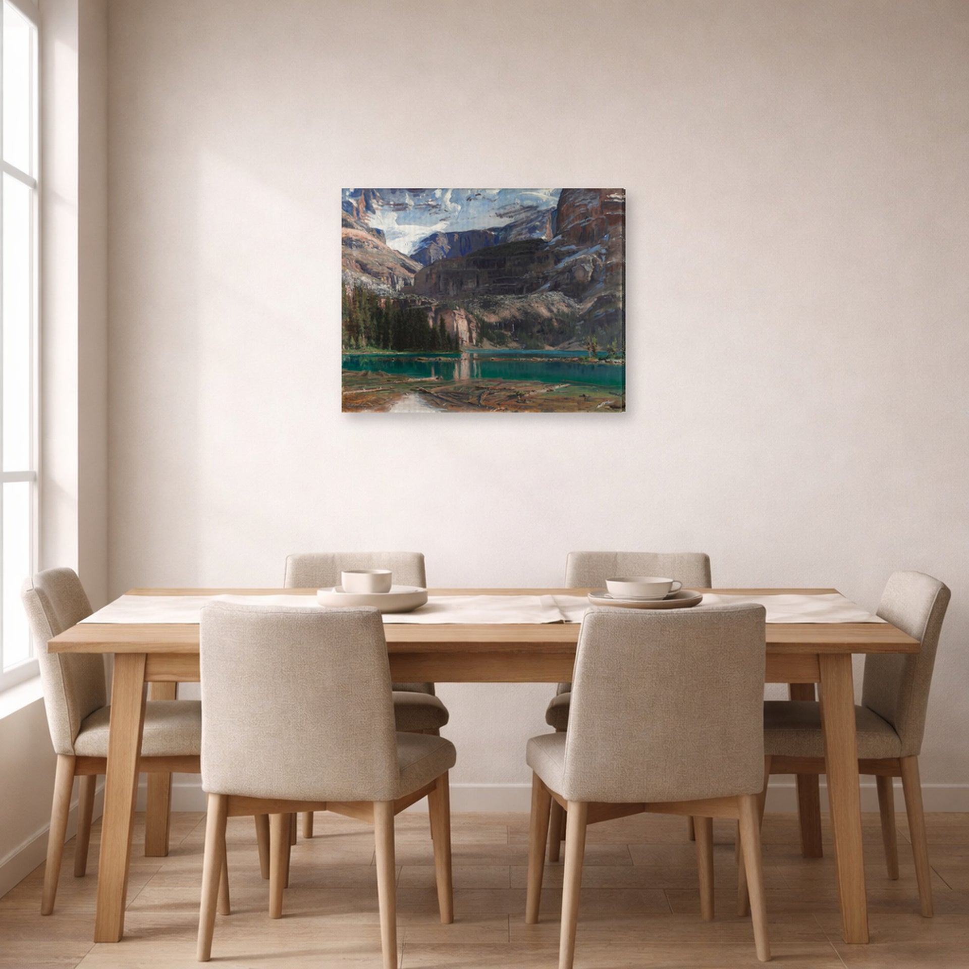 Gallery-wrapped canvas print of John Singer Sargent's Lake O'Hara displayed on a wall in a dining room