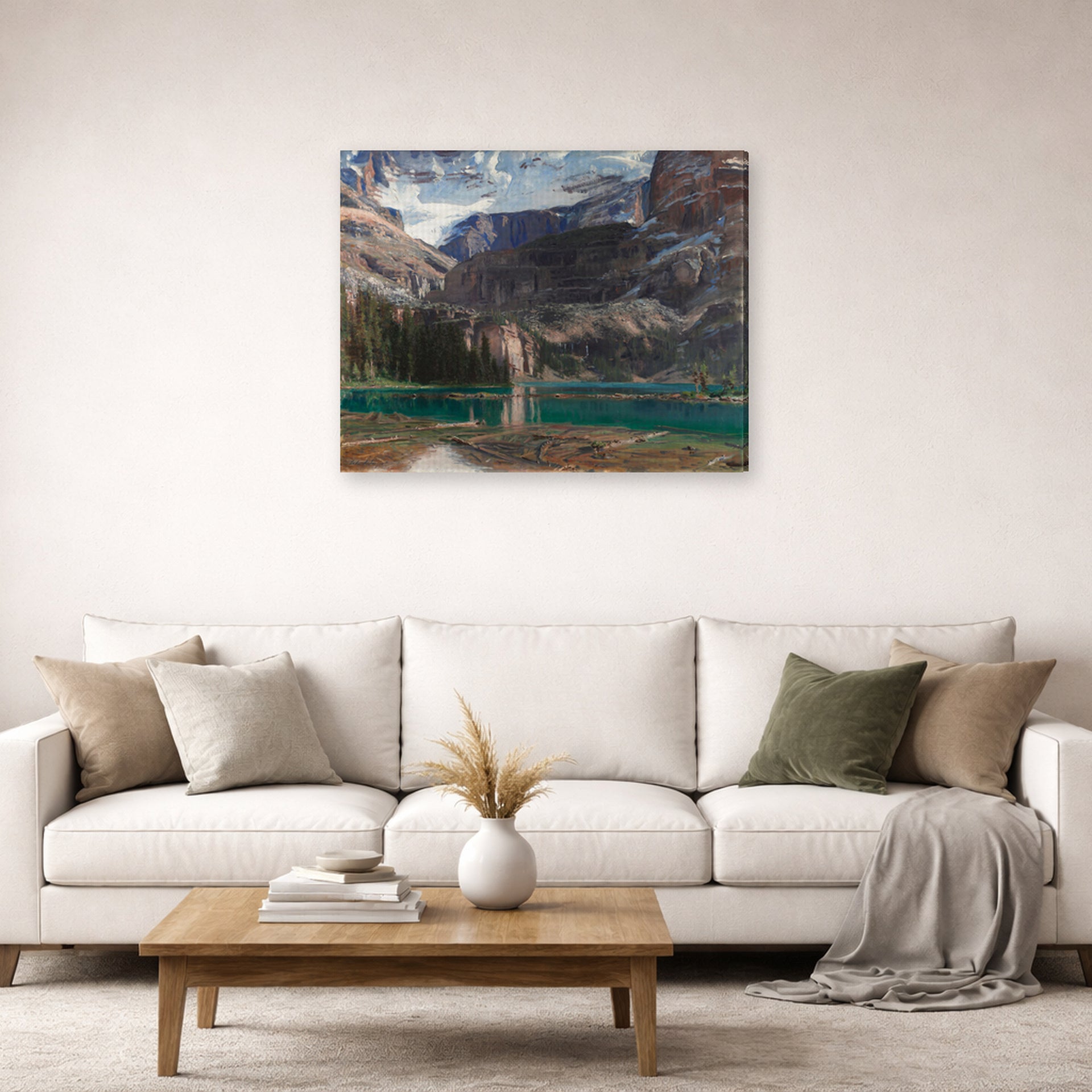 Gallery-wrapped canvas print of John Singer Sargent's Lake O'Hara displayed on a wall in a living room