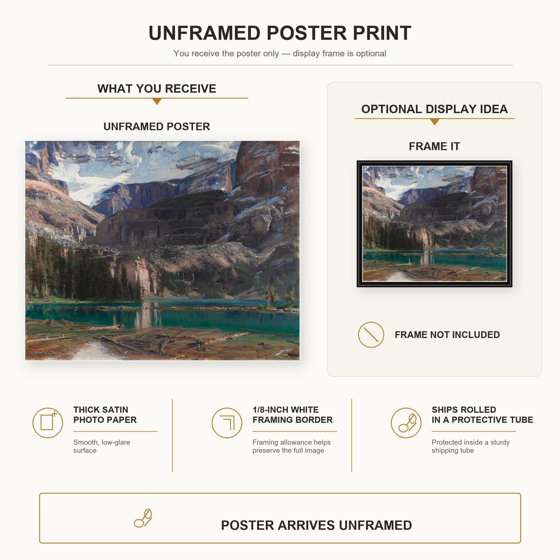 John Singer Sargent - Lake O'Hara poster print size comparison and framing display infographic