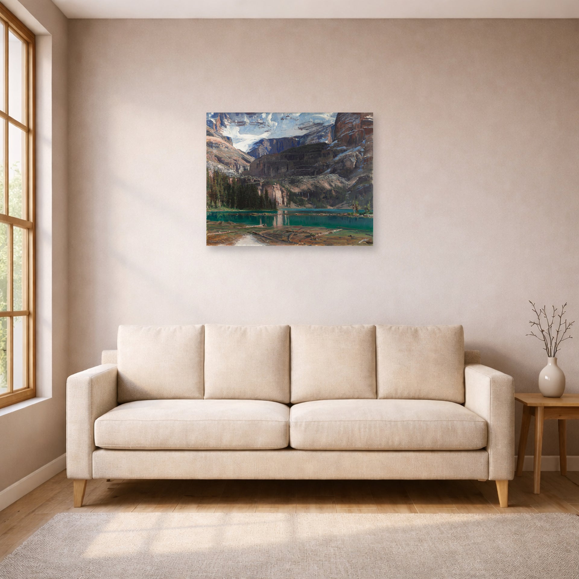 Unframed poster print of John Singer Sargent's Lake O'Hara displayed on a wall in a living room