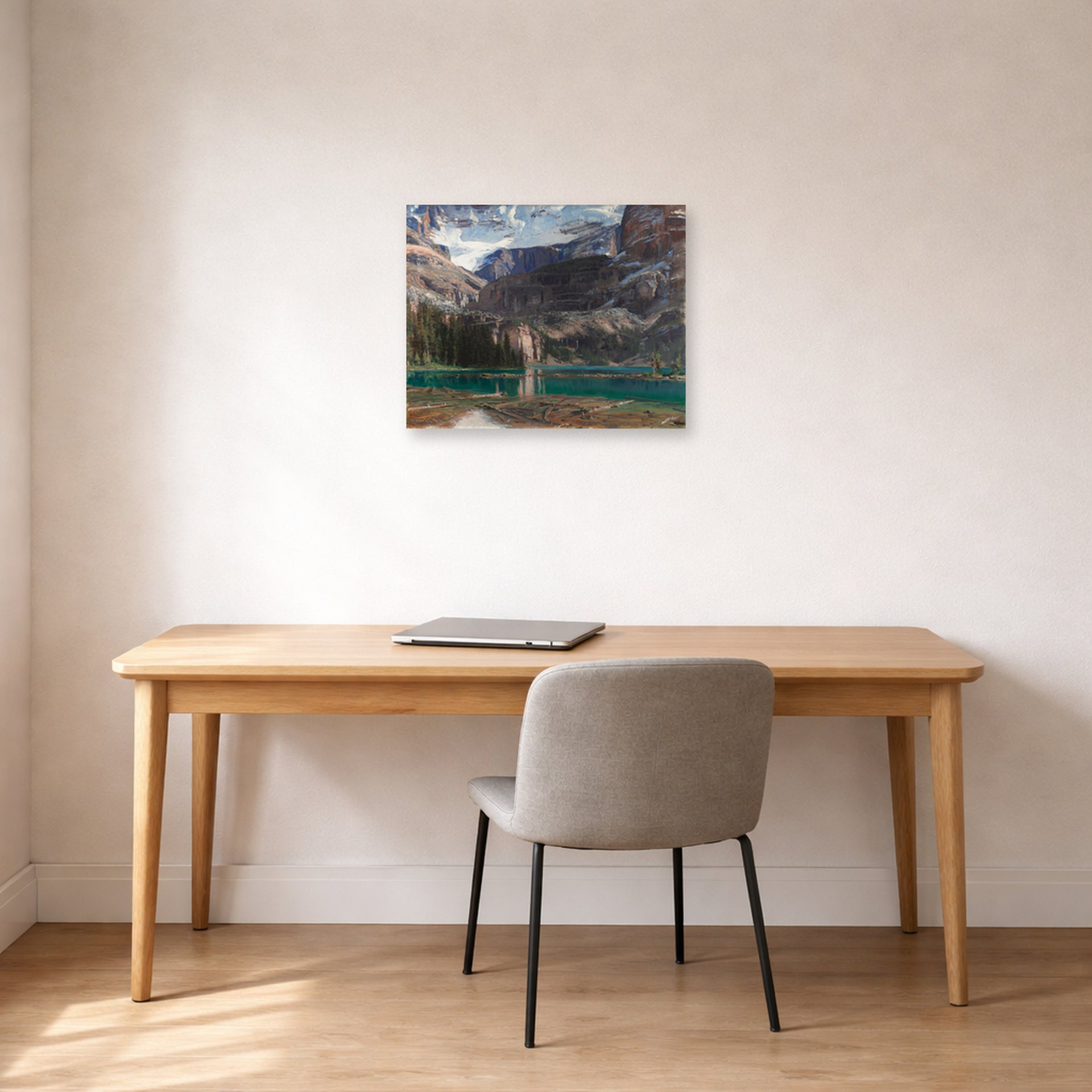 Unframed poster print of John Singer Sargent's Lake O'Hara displayed on a wall in an office