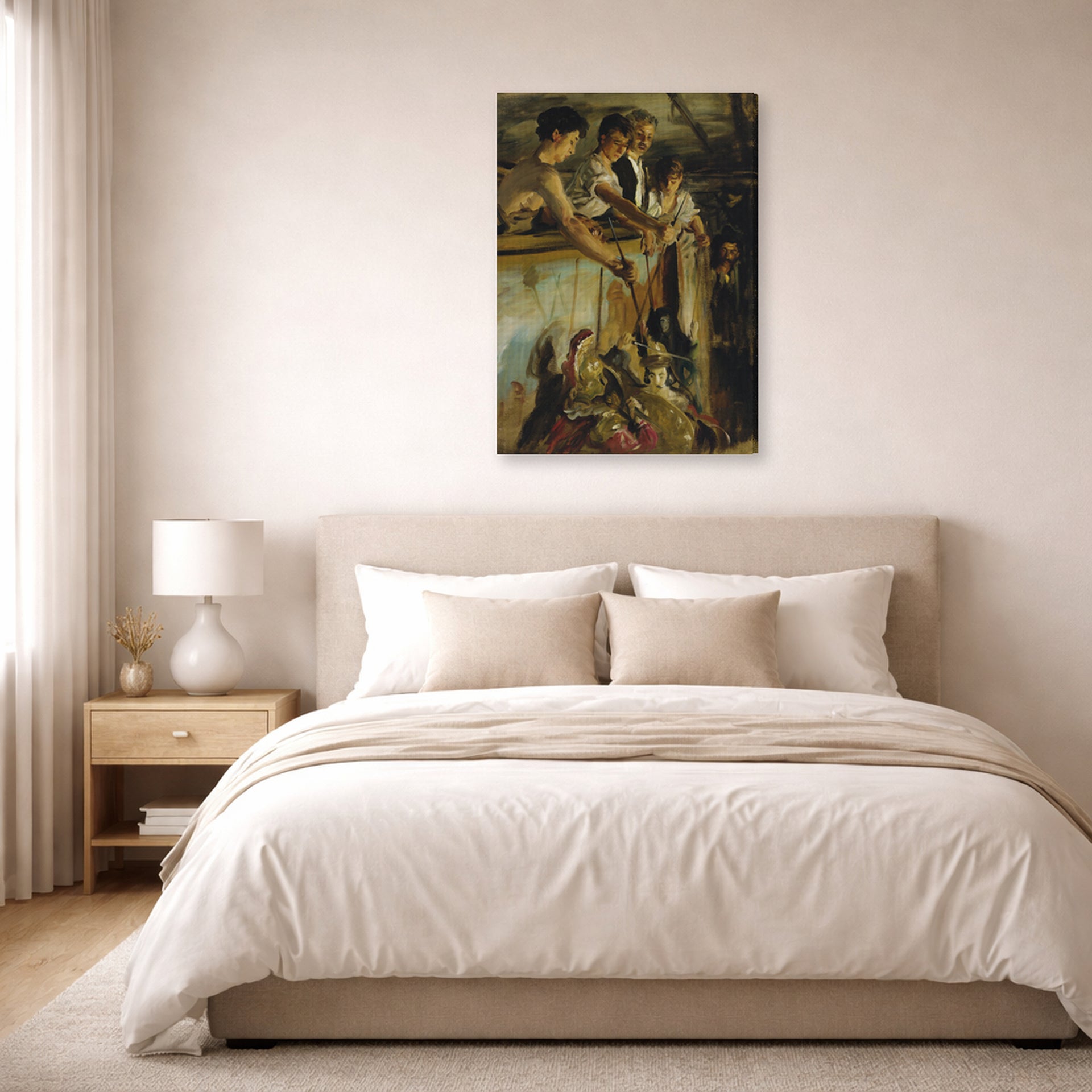Gallery-wrapped canvas print of John Singer Sargent's Marionettes displayed on a wall in a bedroom