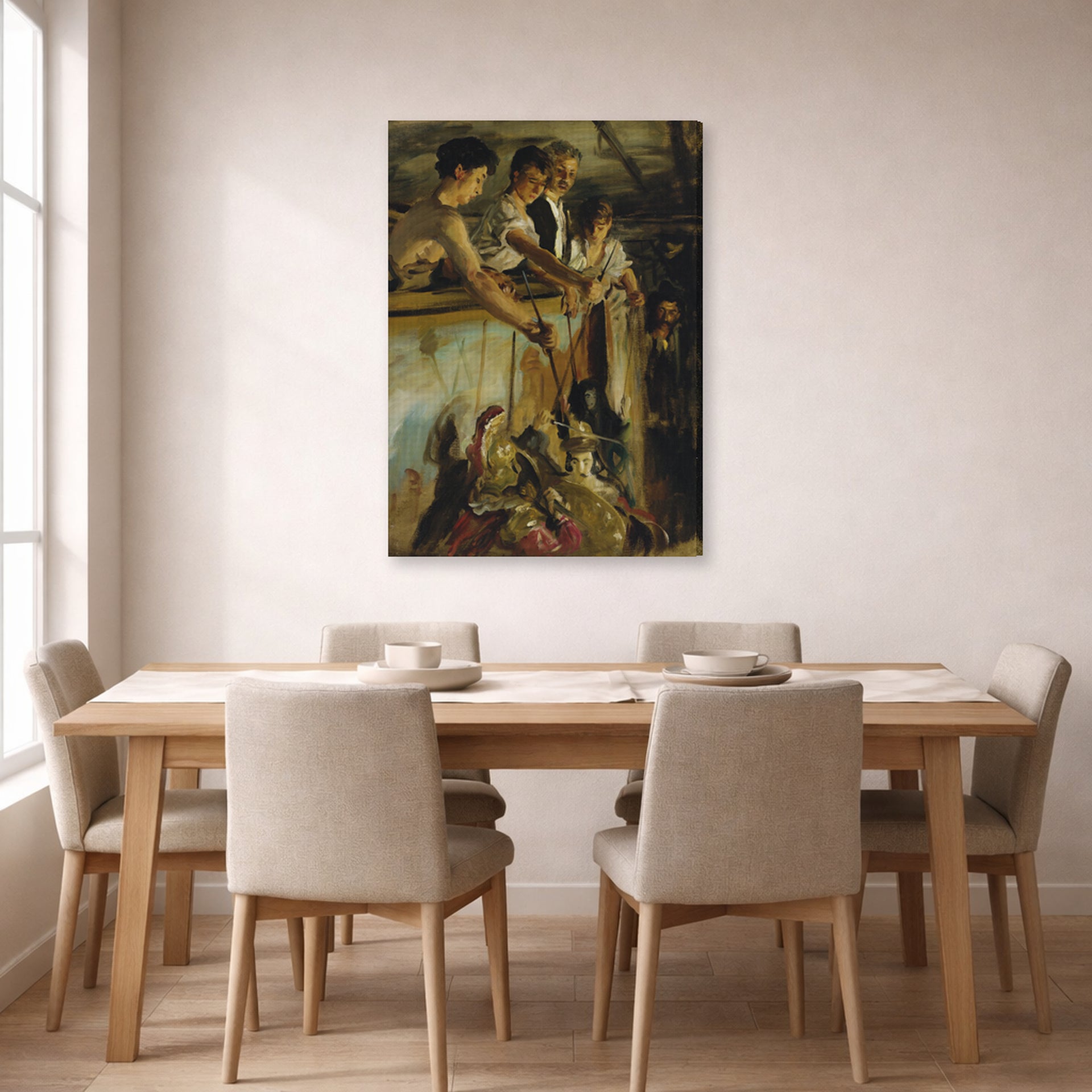 Gallery-wrapped canvas print of John Singer Sargent's Marionettes displayed on a wall in a dining room