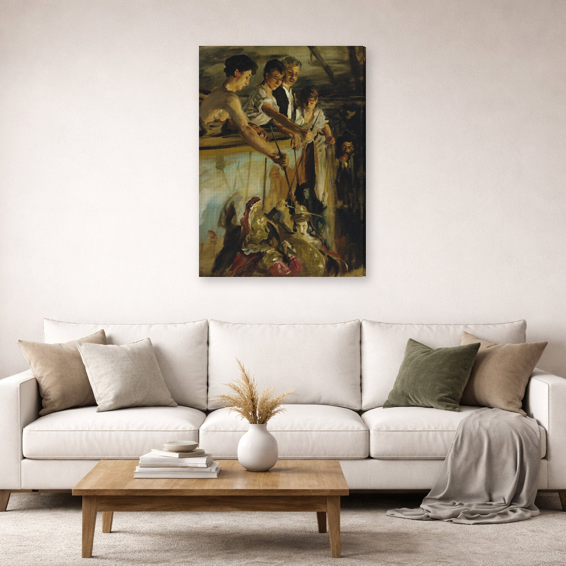 Gallery-wrapped canvas print of John Singer Sargent's Marionettes displayed on a wall in a living room
