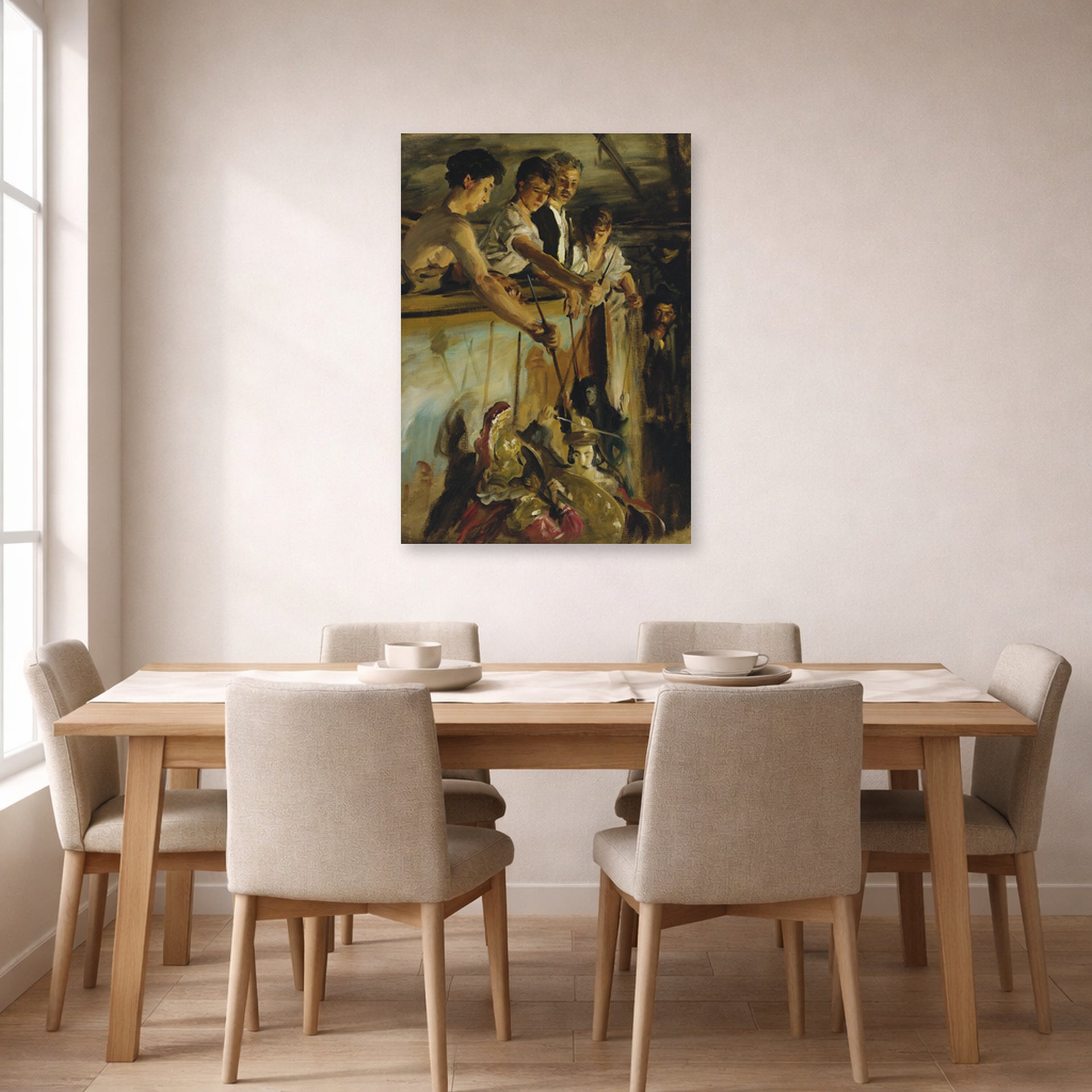 Unframed poster print of John Singer Sargent's Marionettes displayed on a wall in a dining room