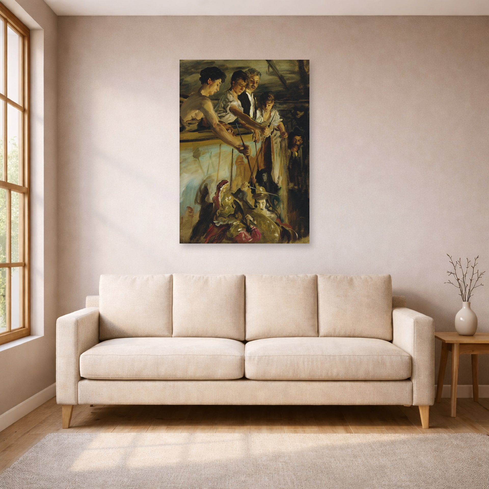 Unframed poster print of John Singer Sargent's Marionettes displayed on a wall in a living room