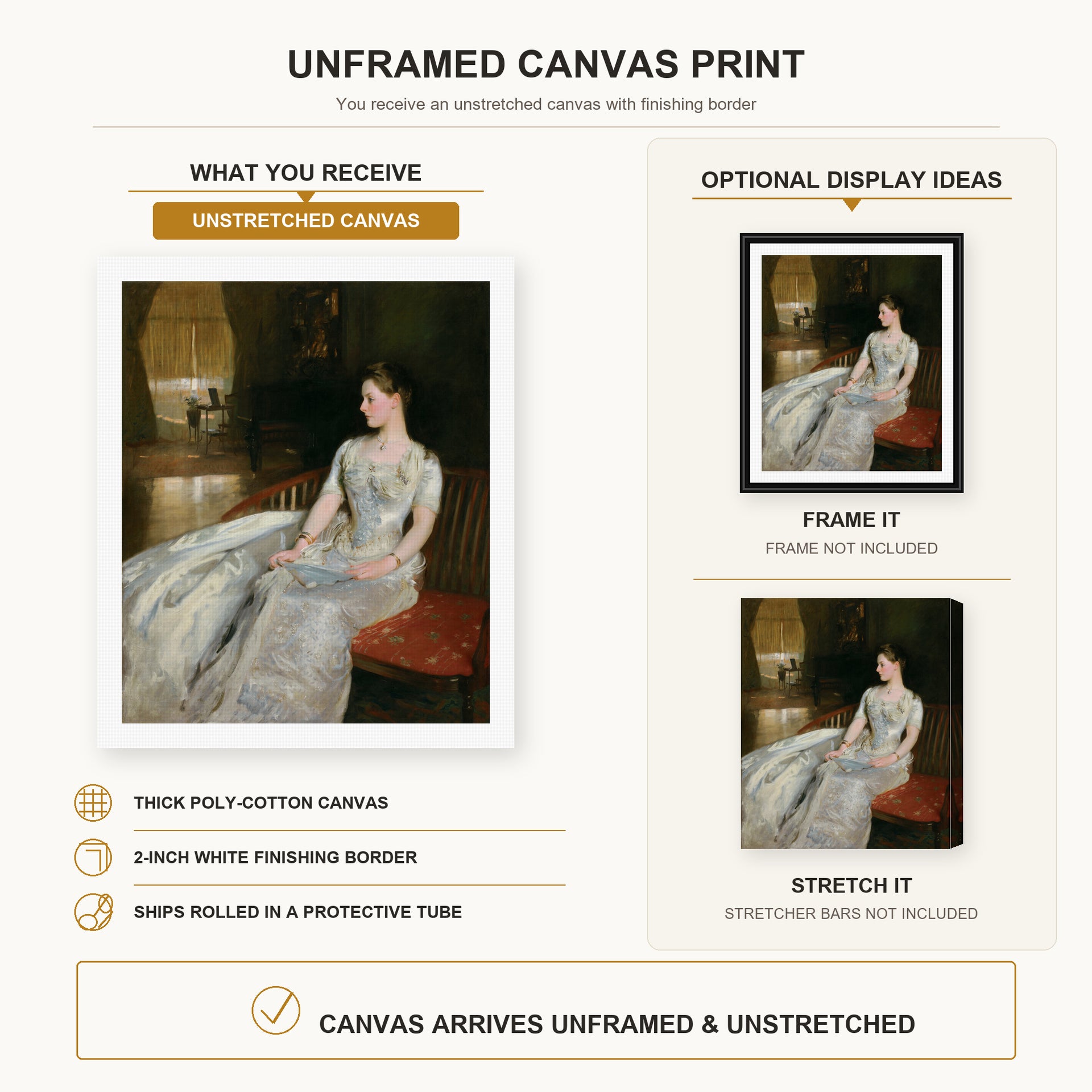 John Singer Sargent - Mrs Cecil Wade canvas print size comparison and framing display infographic