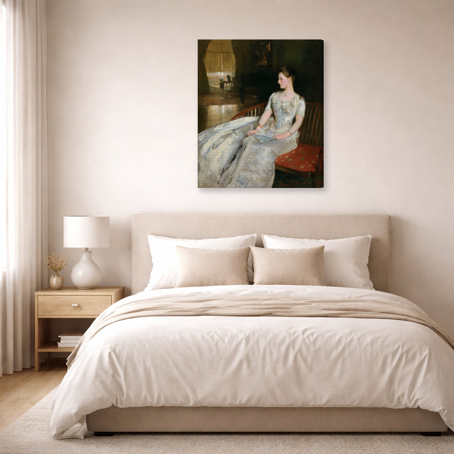 Gallery-wrapped canvas print of John Singer Sargent's Mrs Cecil Wade displayed on a wall in a bedroom