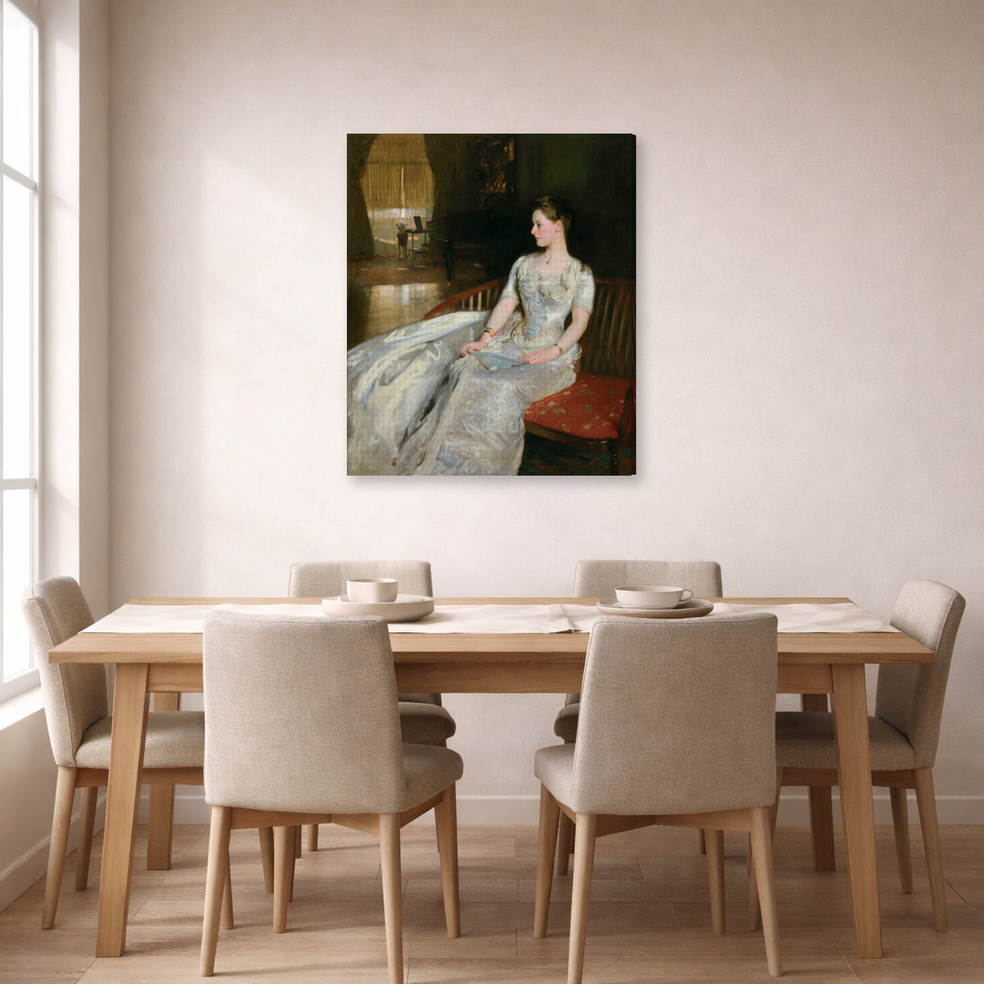 Gallery-wrapped canvas print of John Singer Sargent's Mrs Cecil Wade displayed on a wall in a dining room