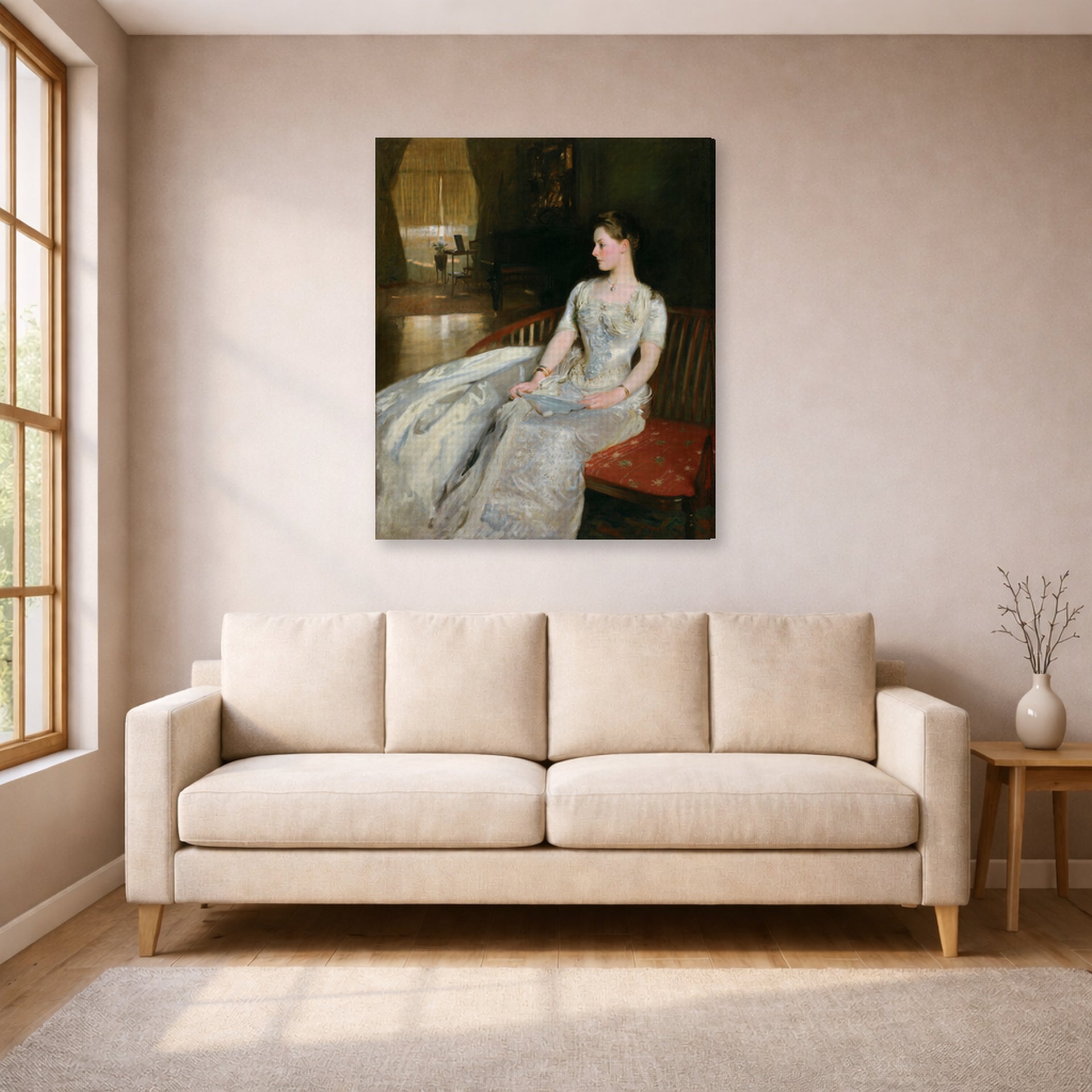 Gallery-wrapped canvas print of John Singer Sargent's Mrs Cecil Wade displayed on a wall in a living room