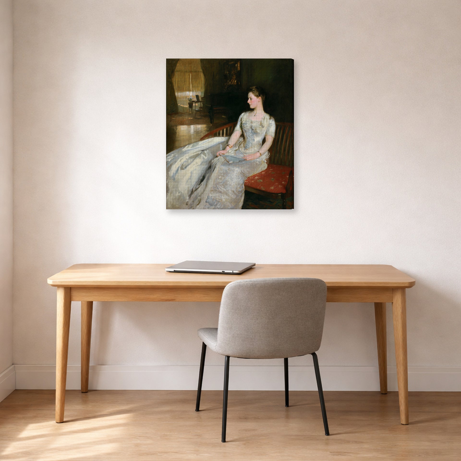 Gallery-wrapped canvas print of John Singer Sargent's Mrs Cecil Wade displayed on a wall in an office