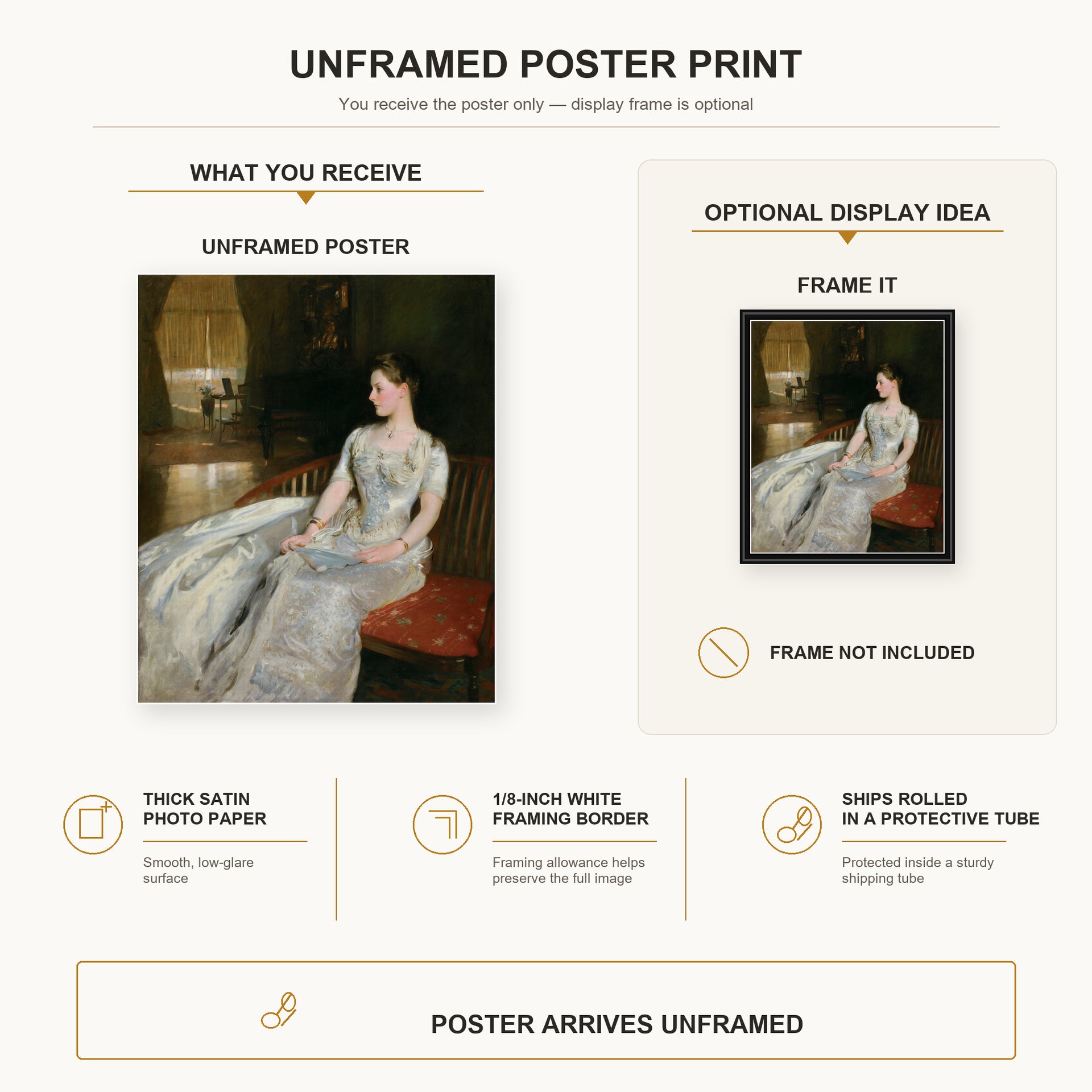 John Singer Sargent - Mrs Cecil Wade poster print size comparison and framing display infographic