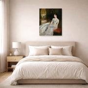 Unframed poster print of John Singer Sargent's Mrs Cecil Wade displayed on a wall in a bedroom