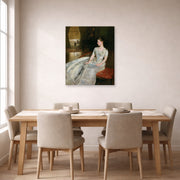 Unframed poster print of John Singer Sargent's Mrs Cecil Wade displayed on a wall in a dining room