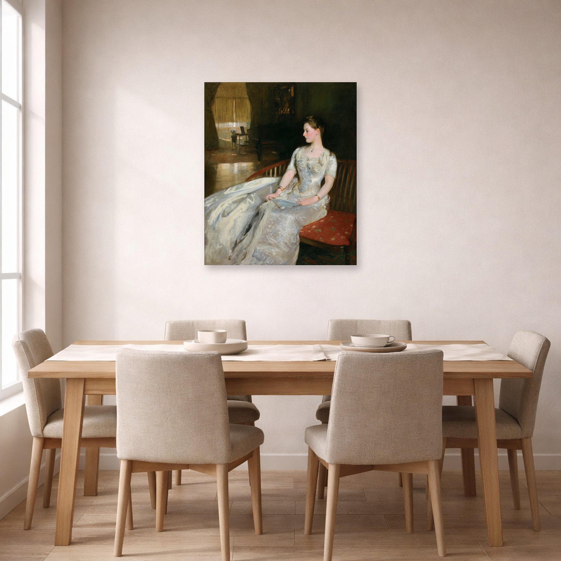 Unframed poster print of John Singer Sargent's Mrs Cecil Wade displayed on a wall in a dining room