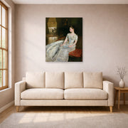 Unframed poster print of John Singer Sargent's Mrs Cecil Wade displayed on a wall in a living room