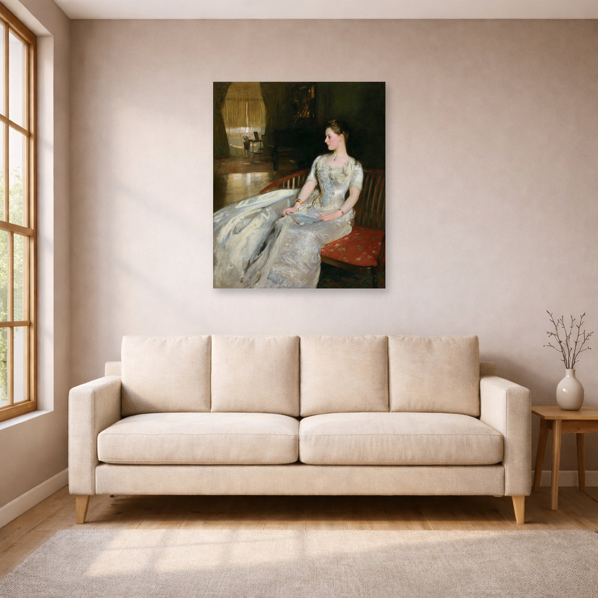 Unframed poster print of John Singer Sargent's Mrs Cecil Wade displayed on a wall in a living room