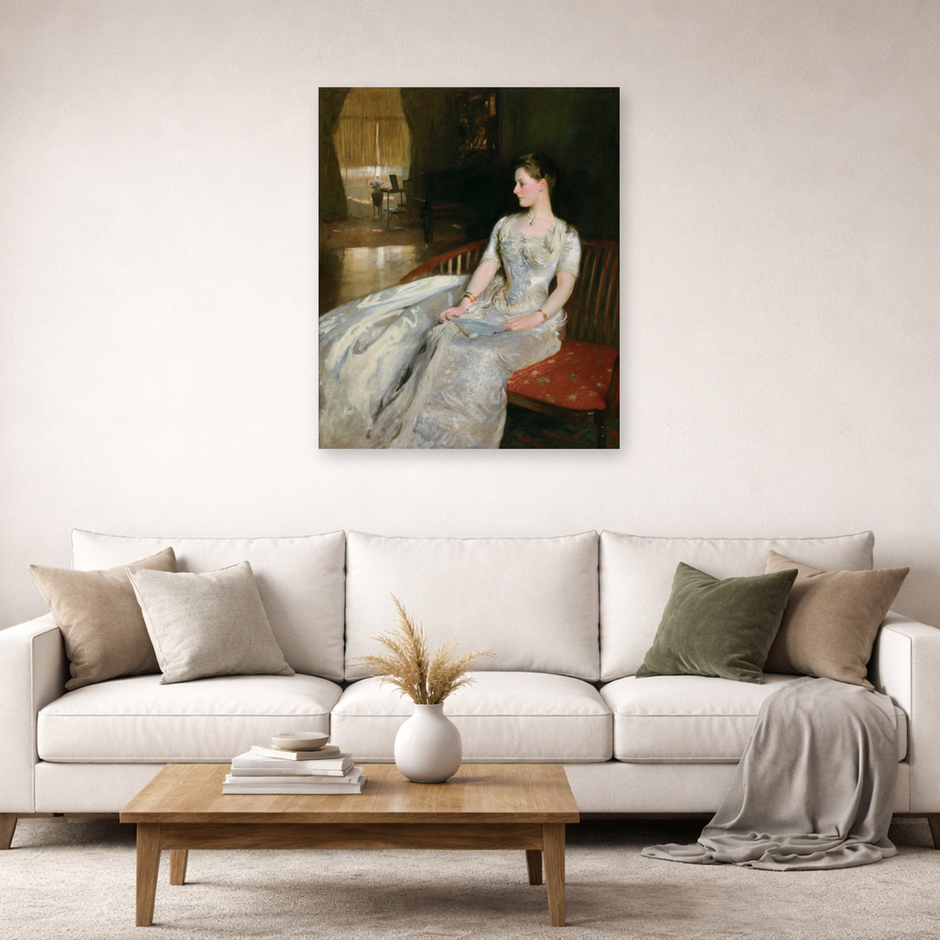 Unframed poster print of John Singer Sargent's Mrs Cecil Wade displayed on a wall in a living room