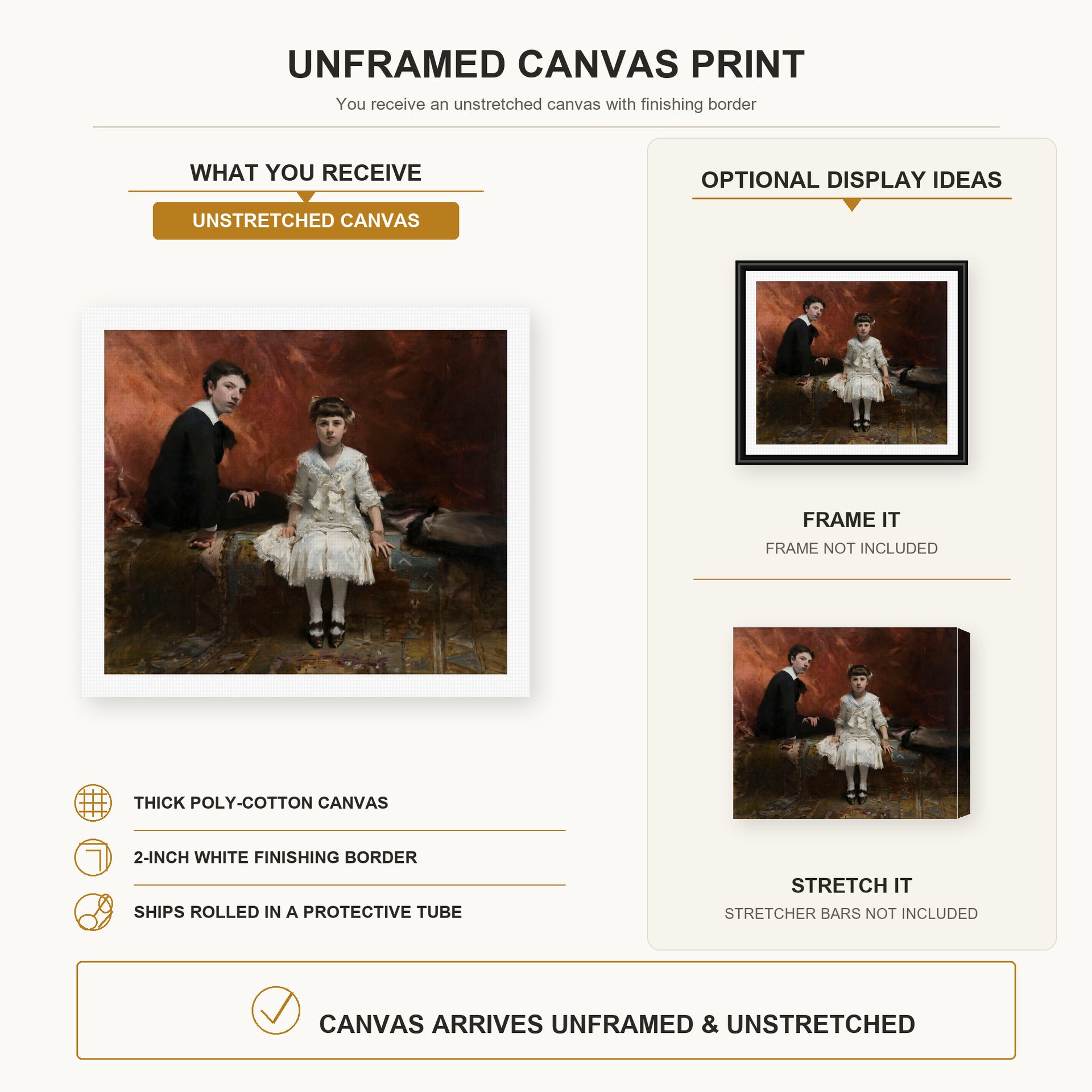 John Singer Sargent - Pailleron Children canvas print size comparison and framing display infographic