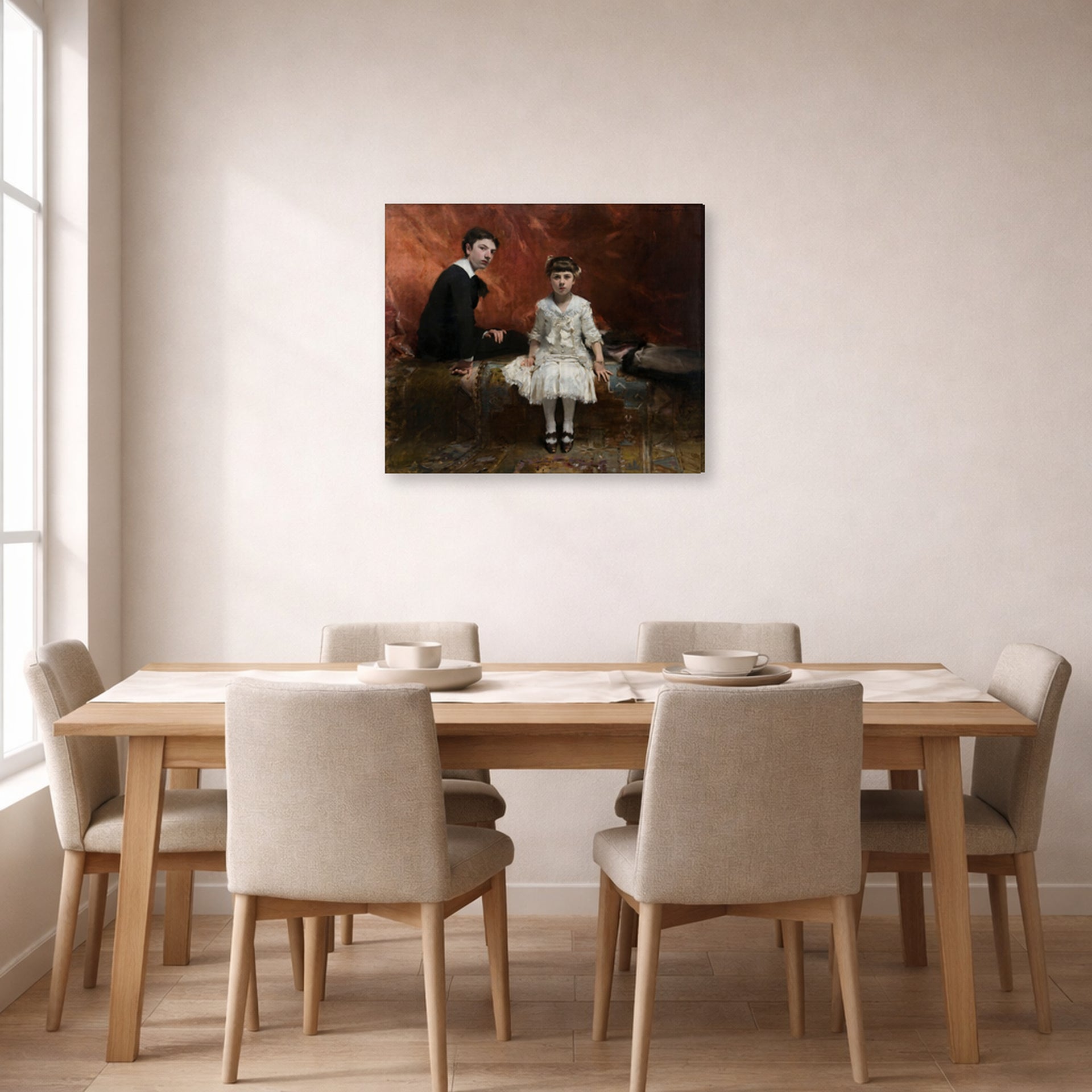 Gallery-wrapped canvas print of John Singer Sargent's Pailleron Children displayed on a wall in a dining room