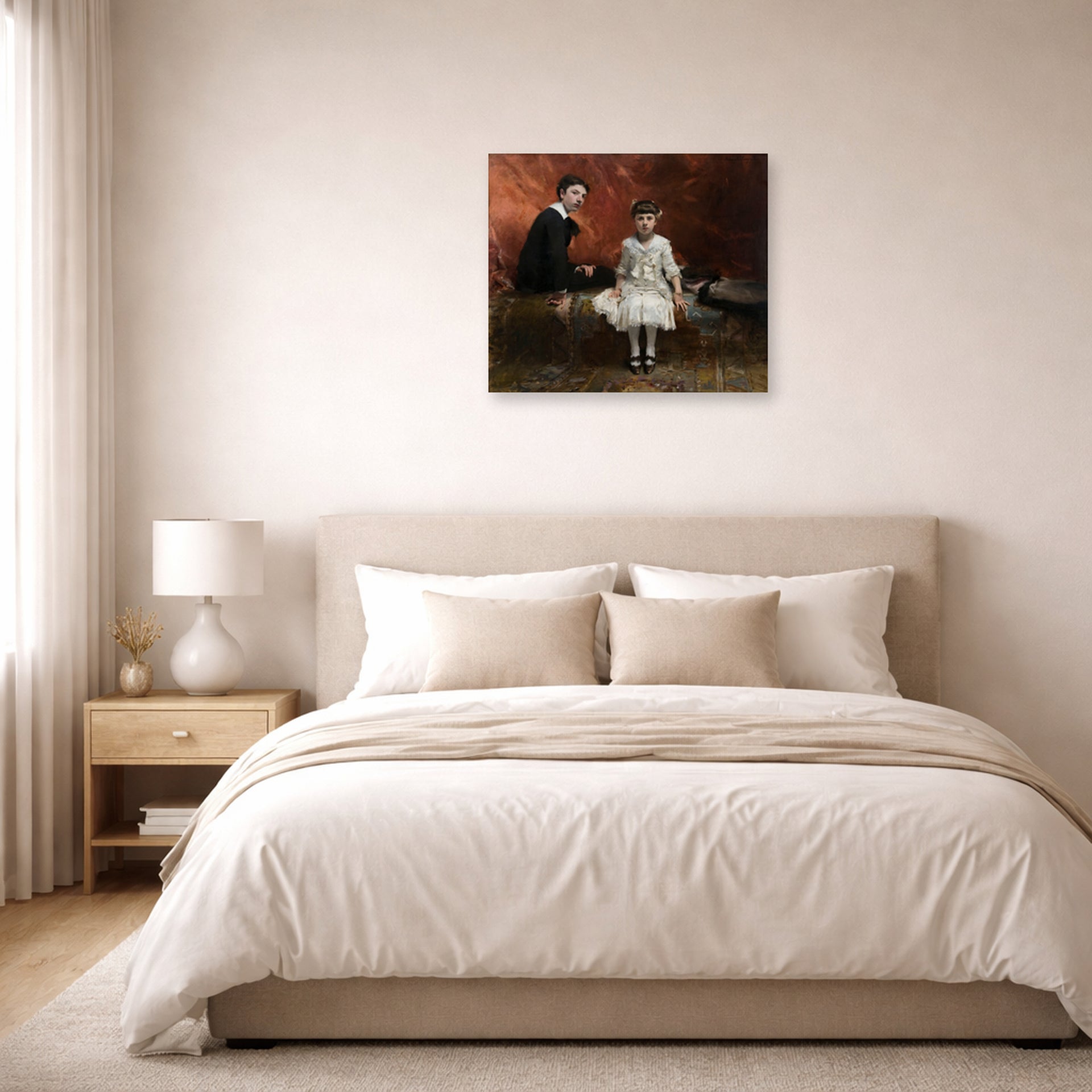 Unframed poster print of John Singer Sargent's Pailleron Children displayed on a wall in a bedroom