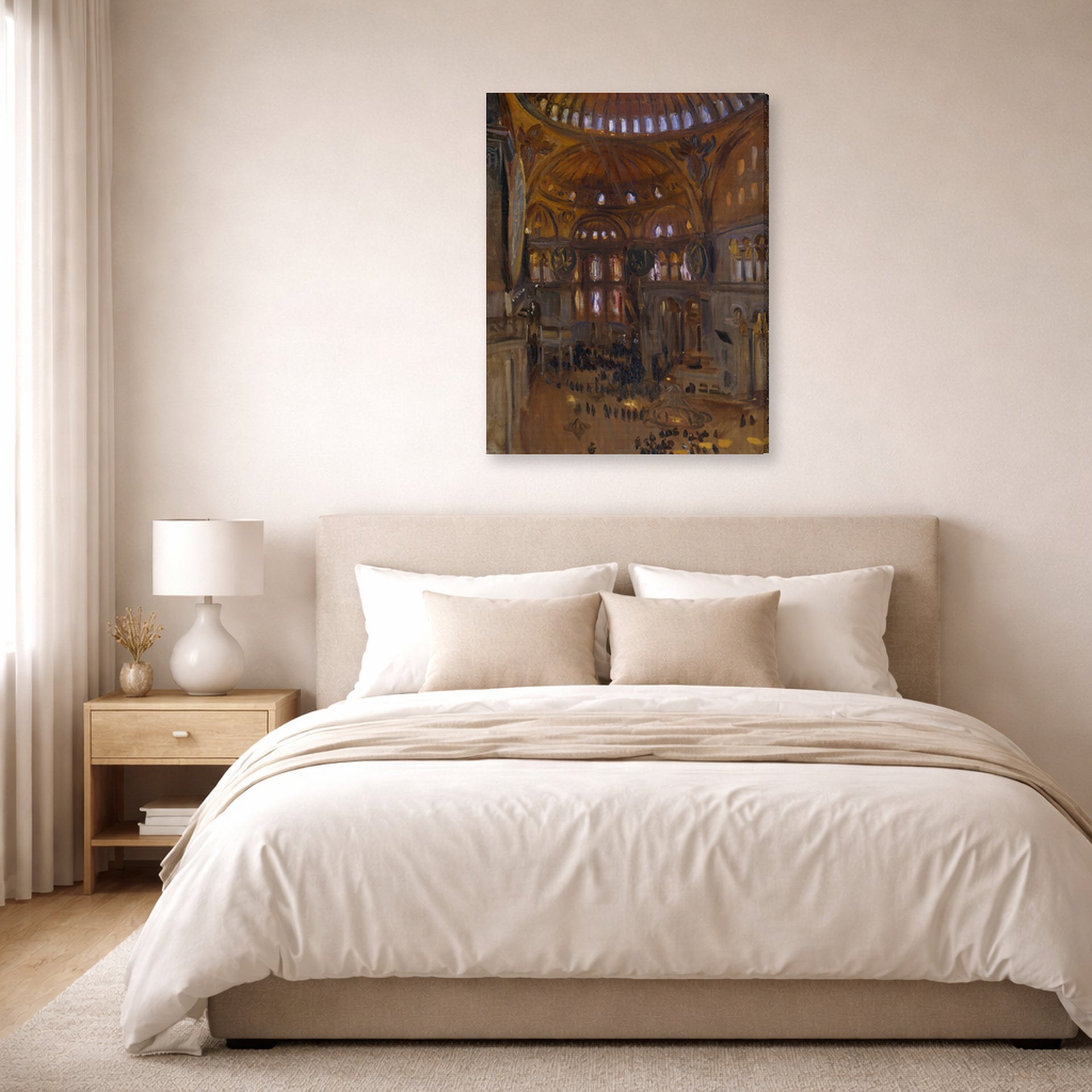 Gallery-wrapped canvas print of John Singer Sargent's Santa Sofia displayed on a wall in a bedroom