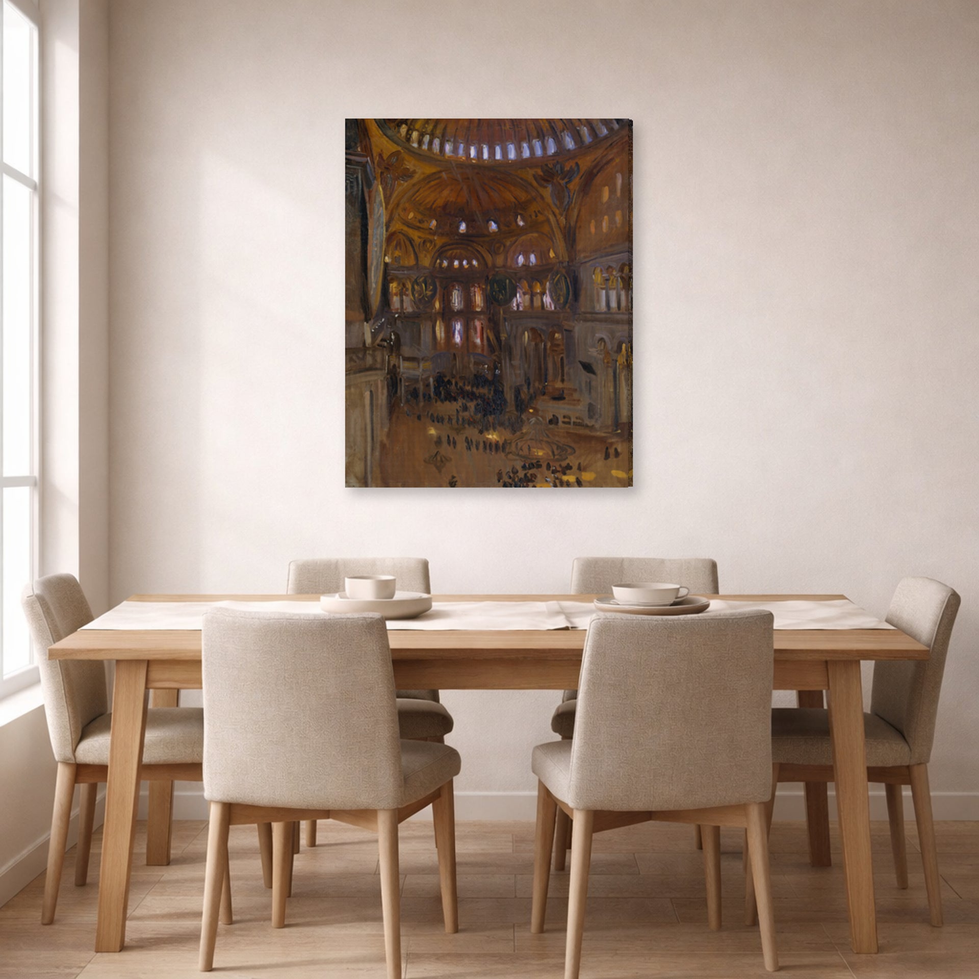 Gallery-wrapped canvas print of John Singer Sargent's Santa Sofia displayed on a wall in a dining room