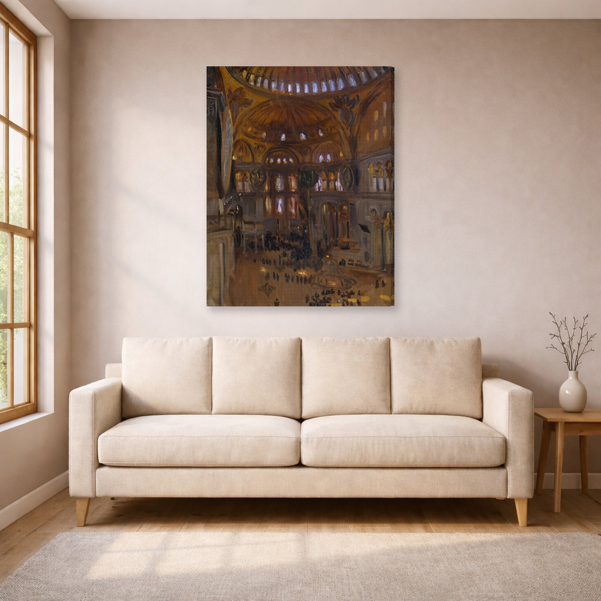 Gallery-wrapped canvas print of John Singer Sargent's Santa Sofia displayed on a wall in a living room