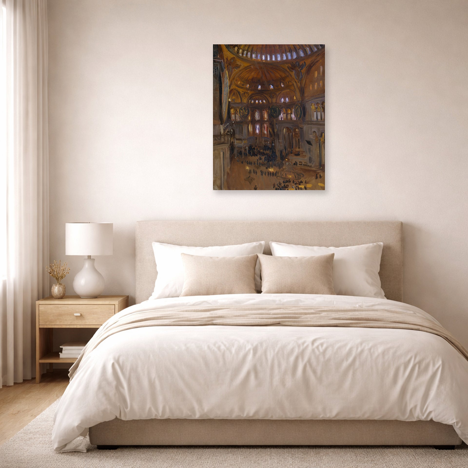 Unframed poster print of John Singer Sargent's Santa Sofia displayed on a wall in a bedroom